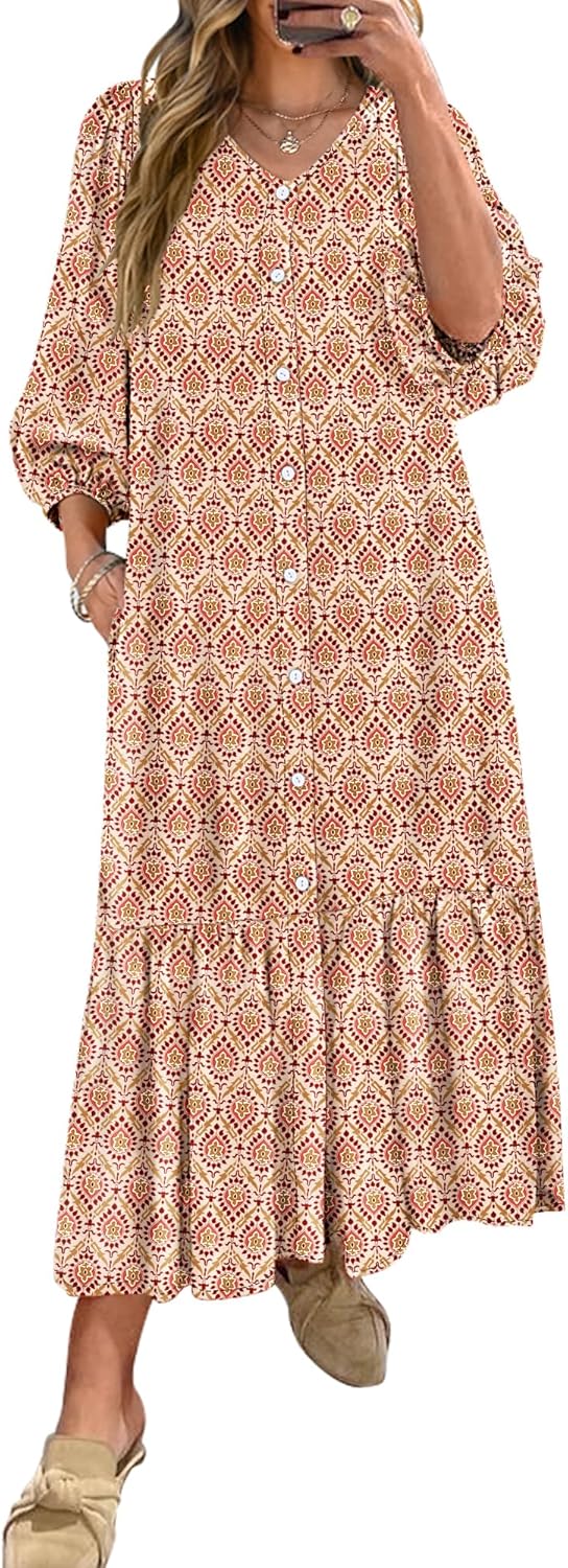 ANRABESS Boho Maxi Dresses for Women Summer Puff Sleeve V Neck Flowy Long Casual Dress with Pockets 2026 Vacation Clothes