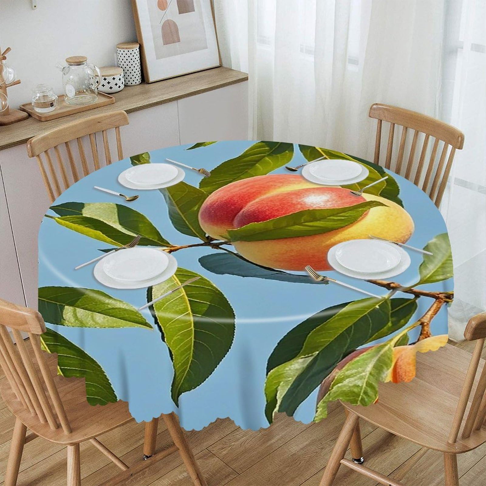 FekiLoot with Peach Leaves Round Tablecloth 60 Inch Waterproof Heavy Duty Table Cloth Spillproof Washable Table Cover Wrinkle Resistant Tablecloths Decorative Table Cloths