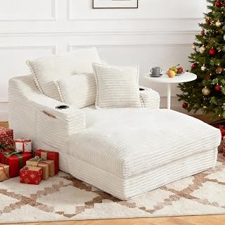 Oversized Chaise Lounge Chair Indoor, 67'' Upholstered Sleeper Sofa Bed with Cup Holders & 3 Pillows, Deep Seat Corduroy Boneless Cloud Sofa Couch for Living Room, No Assembly Reading Chair, White