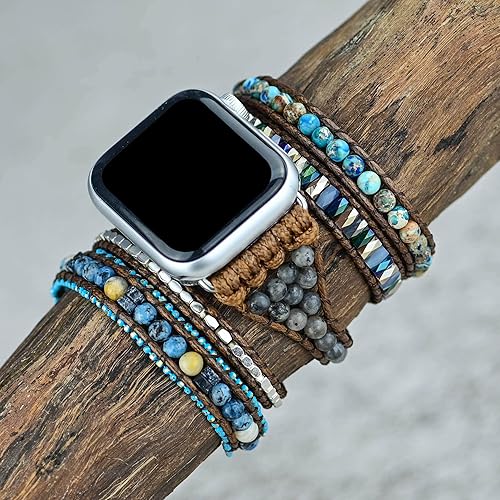 Miniatura 8 de Pulsera bohemia con cuentas compatible con correas de Apple Watch para mujer, hecha a mano con piedra natural, multicapa, correa bohemia con cuentas