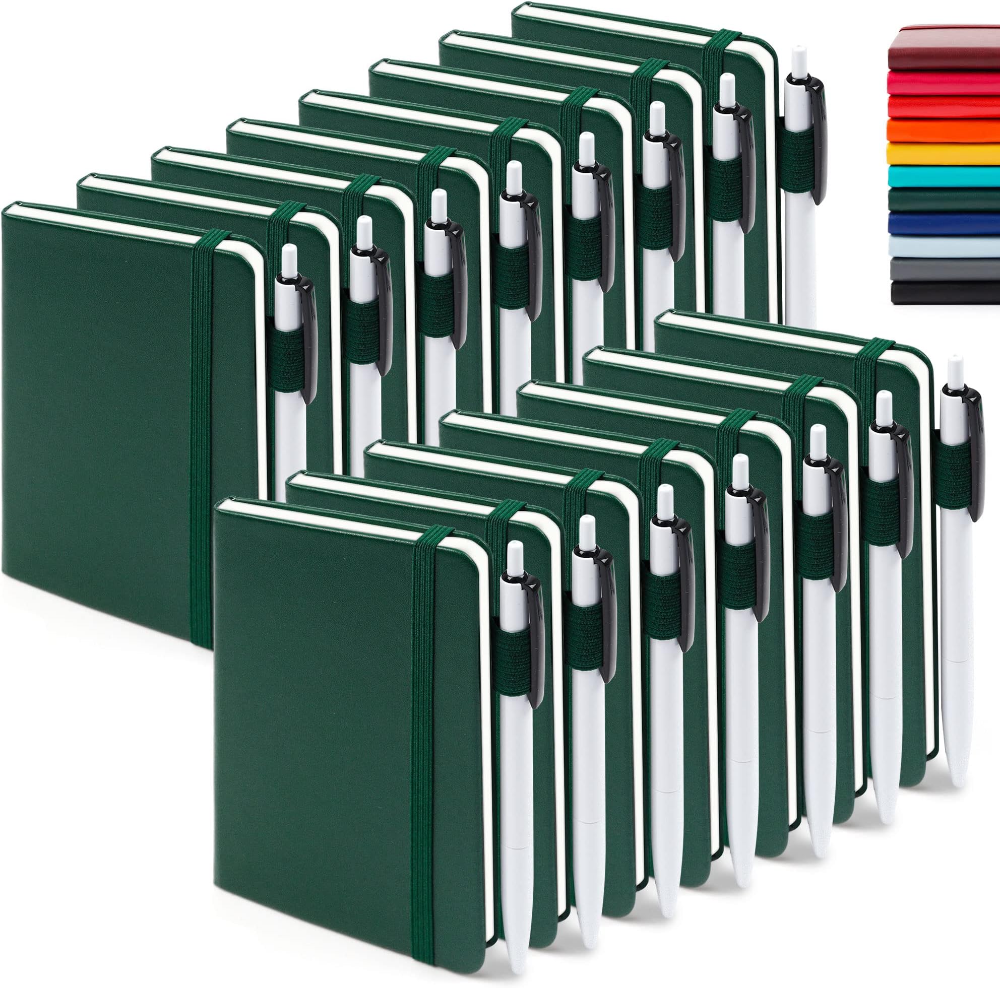 feela15 Pack Pocket Small Notebooks Bulk, Mini Cute Notepads Hardcover College Ruled Lined Journals with Pen Holder for School Business Memos, with 15 Black Pens, 3.5”x 5.5”, A6, Dark Green