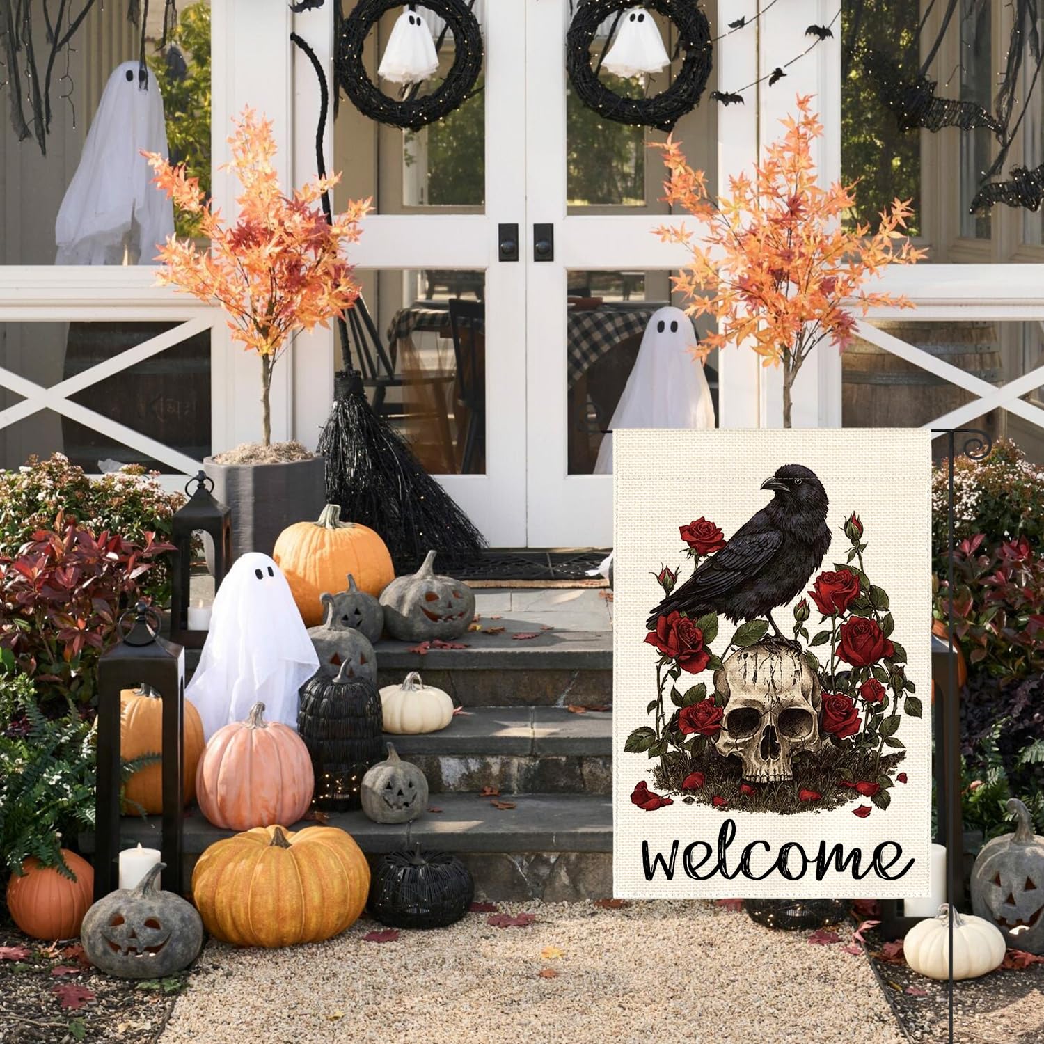 AVOIN colorlife Halloween powitalna czaszka róża wrona flaga ogrodowa dwustronna, Dzień Zmarłych świąteczny dziedziniec zewnętrzna dekoracyjna flaga 30 x 45 cm