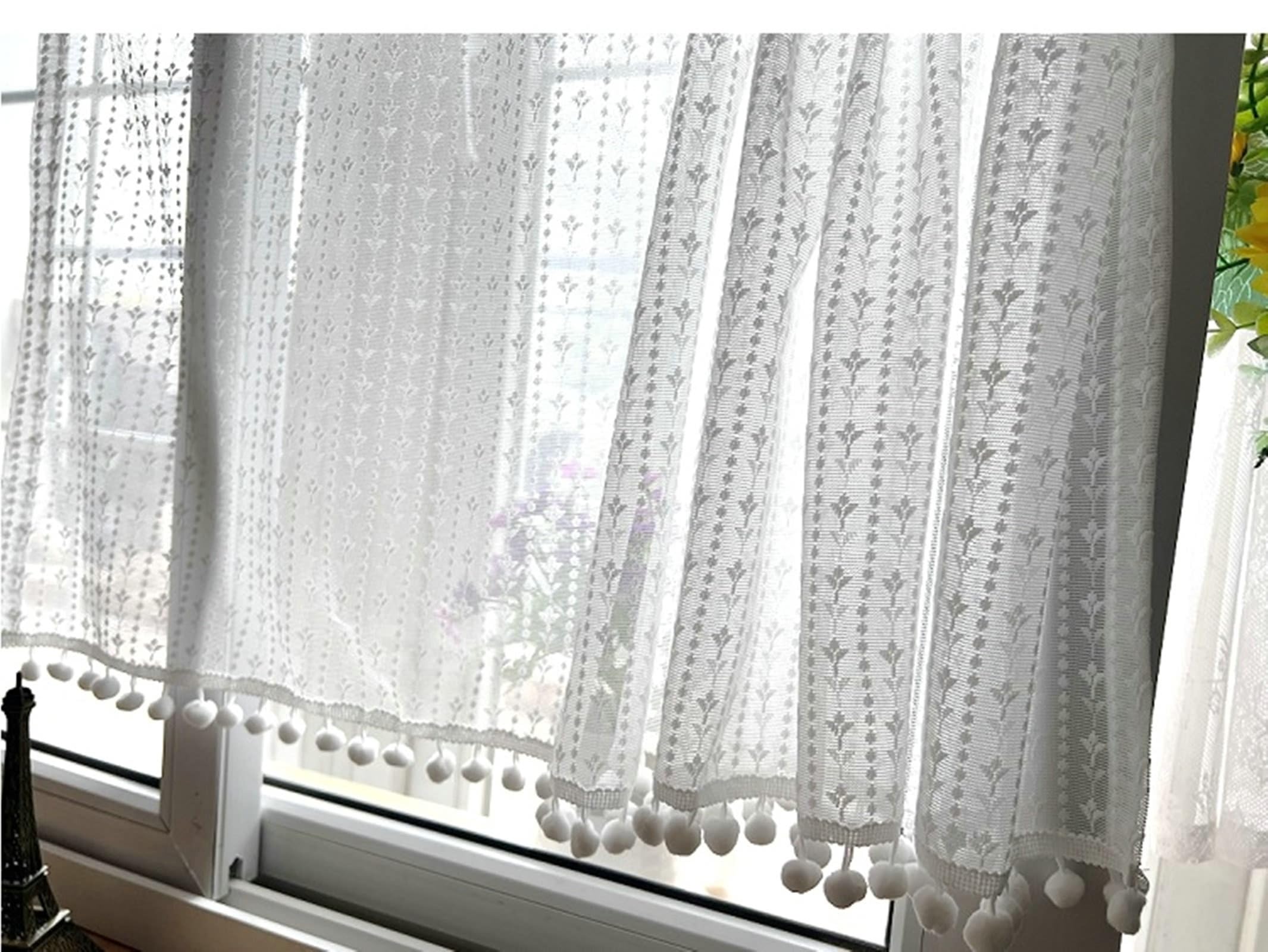 Zasłony o długości 61 cm, białe, haftowane frędzle, zasłony do kawiarni