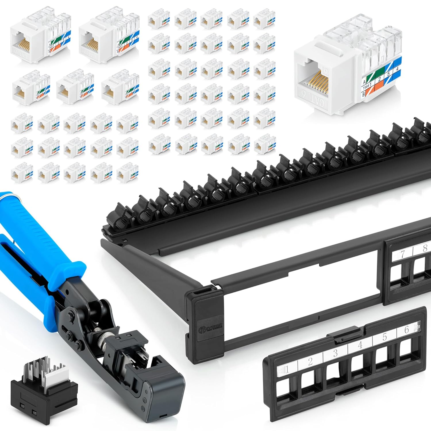 Bundle – 4 Items: 24 Port Keystone Patch Panel (1-Pack) + 90° Angled Speed Termination Tool (easyJACK) + Replacement Head + 90° Angled RJ45 Cat6 Keystone Jacks in White (50 Pack)