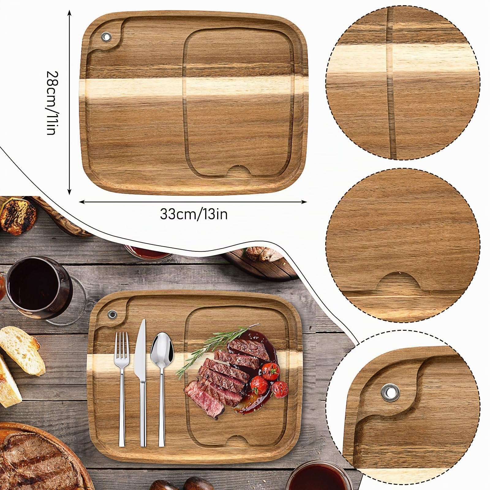 6er Set Akazienholz Steak Bretter, Holz Steak Servierbrett mit Saftk | Küche Schneidebrett Steakteller Servierplatte Holzbrett Brett für Fleisch Grill Brot Dessert Burger Pizza Sushi, 33 x 28 cm