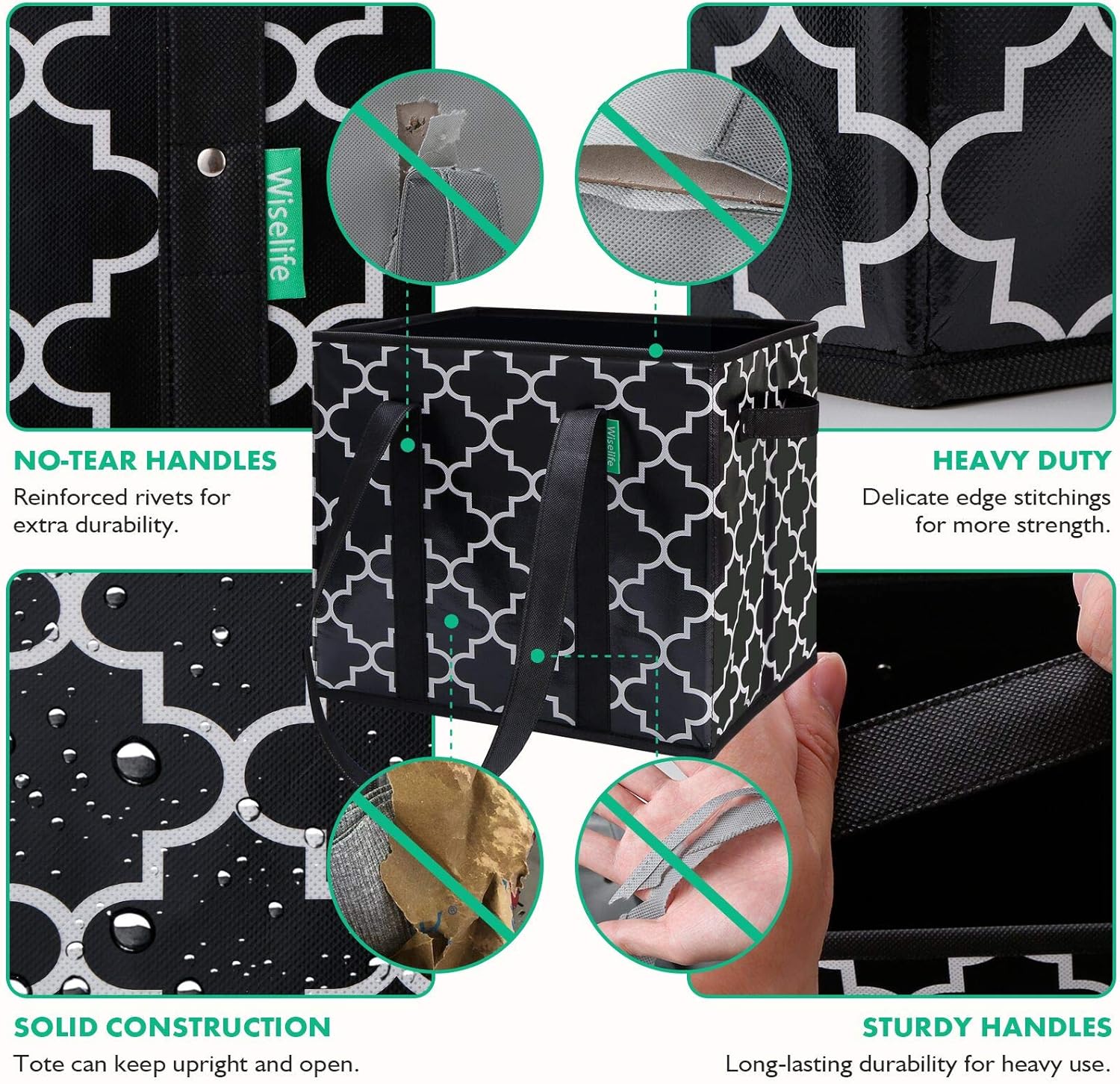 WISELIFE Reusable Grocery Bags 3-Pack Foldable Washable Large Storage Bins Basket Water Resistant Shopping Tote Bag Black: Home & Kitchen