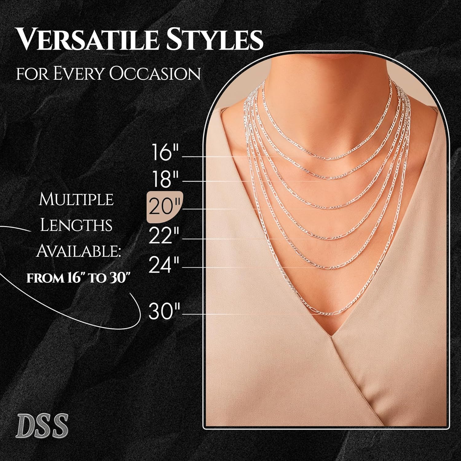 DSS 925 Sterling Silver Necklace for Women, Figaro Chain 1.8mm, Lobster Claw Clasps, Sterling Silver Chain, Italian Jewelry for Women, 16in - 30in - Image 2