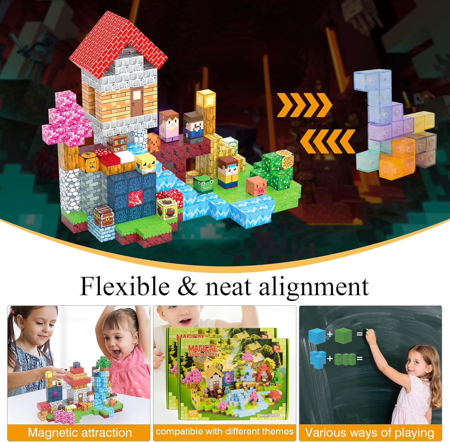 300 PCS Magnetic Blocks with Light Up Blocks - Magnetic Building Blocks for Kids Ages 3-5+, Magnetic Construction Set with Storage Bag, Educational Birthday Gifts for Boys & Girls (Village) - Image 5