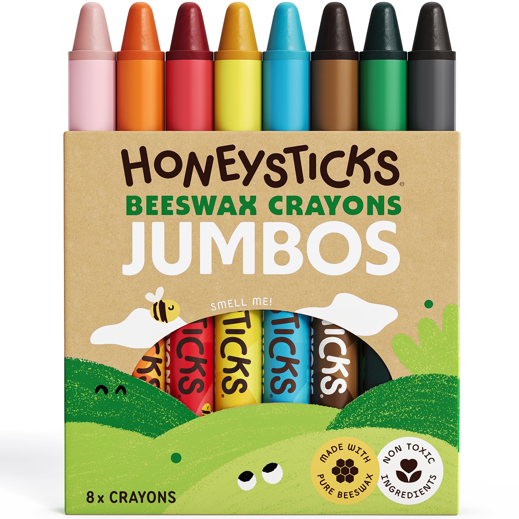 Honeysticks Jumbo Crayons (8 Pack) - Non Toxic Crayons - 100% Pure Beeswax and Food Grade Colors - 8 Bright Colors - Large, Easy to Hold and Use - Preschool Art Supplies for Toddlers/Kids 3-5, 4-8
