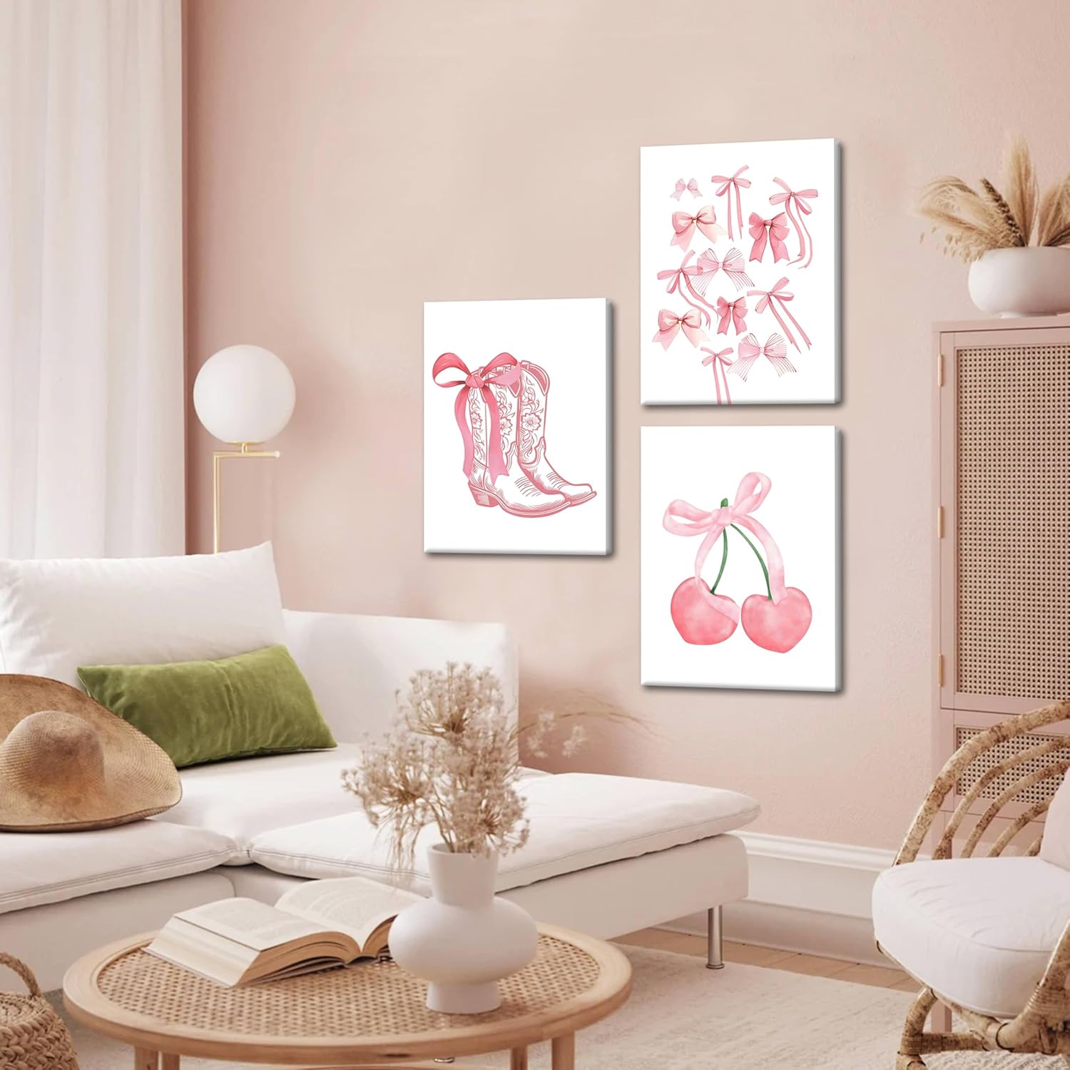 Fashion Pink Bows Wall Art Set of 3, Preppy Watercolor Cherry Cowboy Boots Wall Decor Posters, Cute Aesthetic Room Decor Canvas Prints Picture for College Girl Apartment Bedroom 12x16 Inch Framed