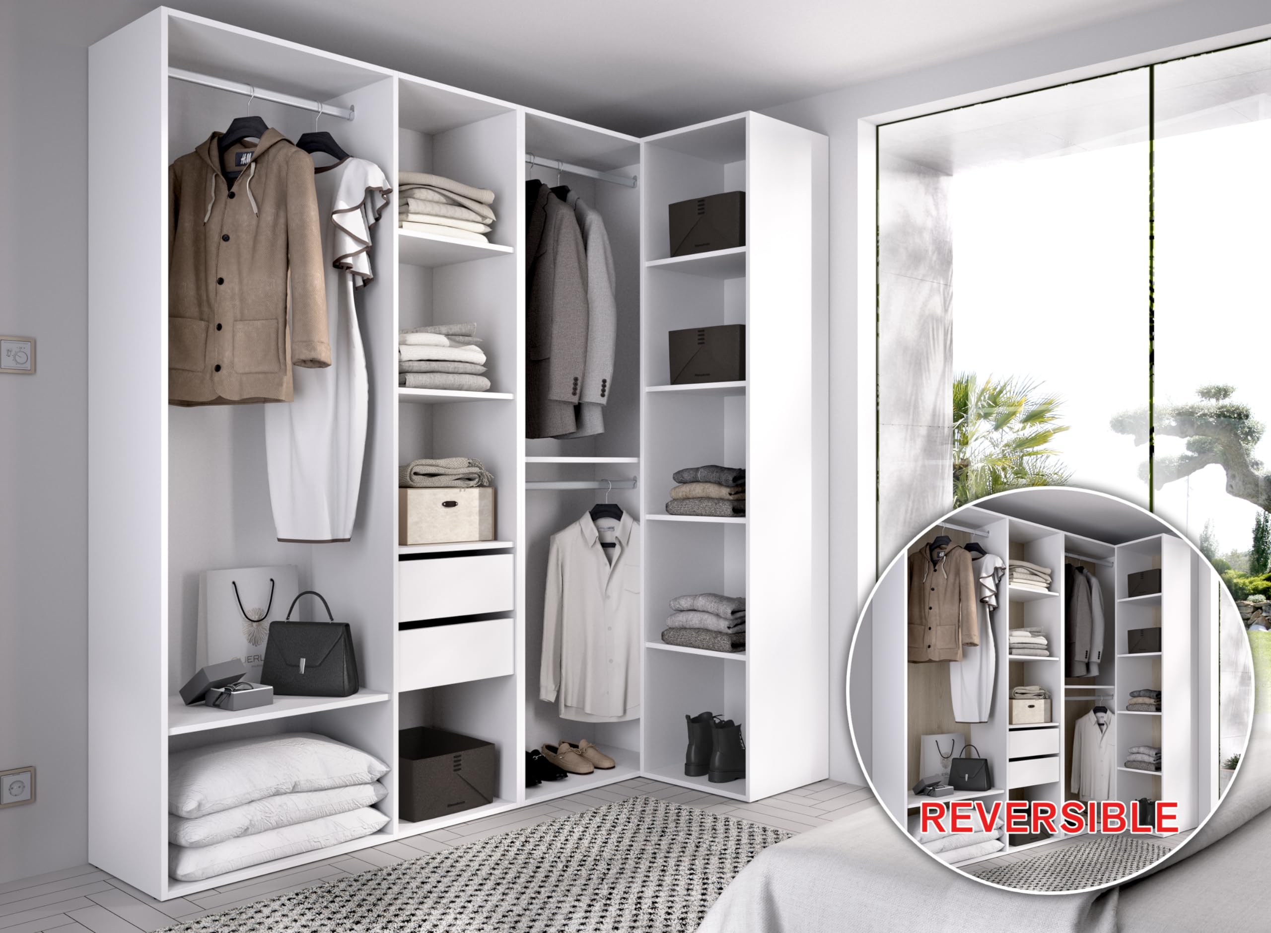 DEKIT GRUPO RIMOBEL SUIT - Composizione di armadio-vestito angolare con due cassetti – BIANCO/ROVERE NATURALE – 205 x 182,5 x 79,5 cm