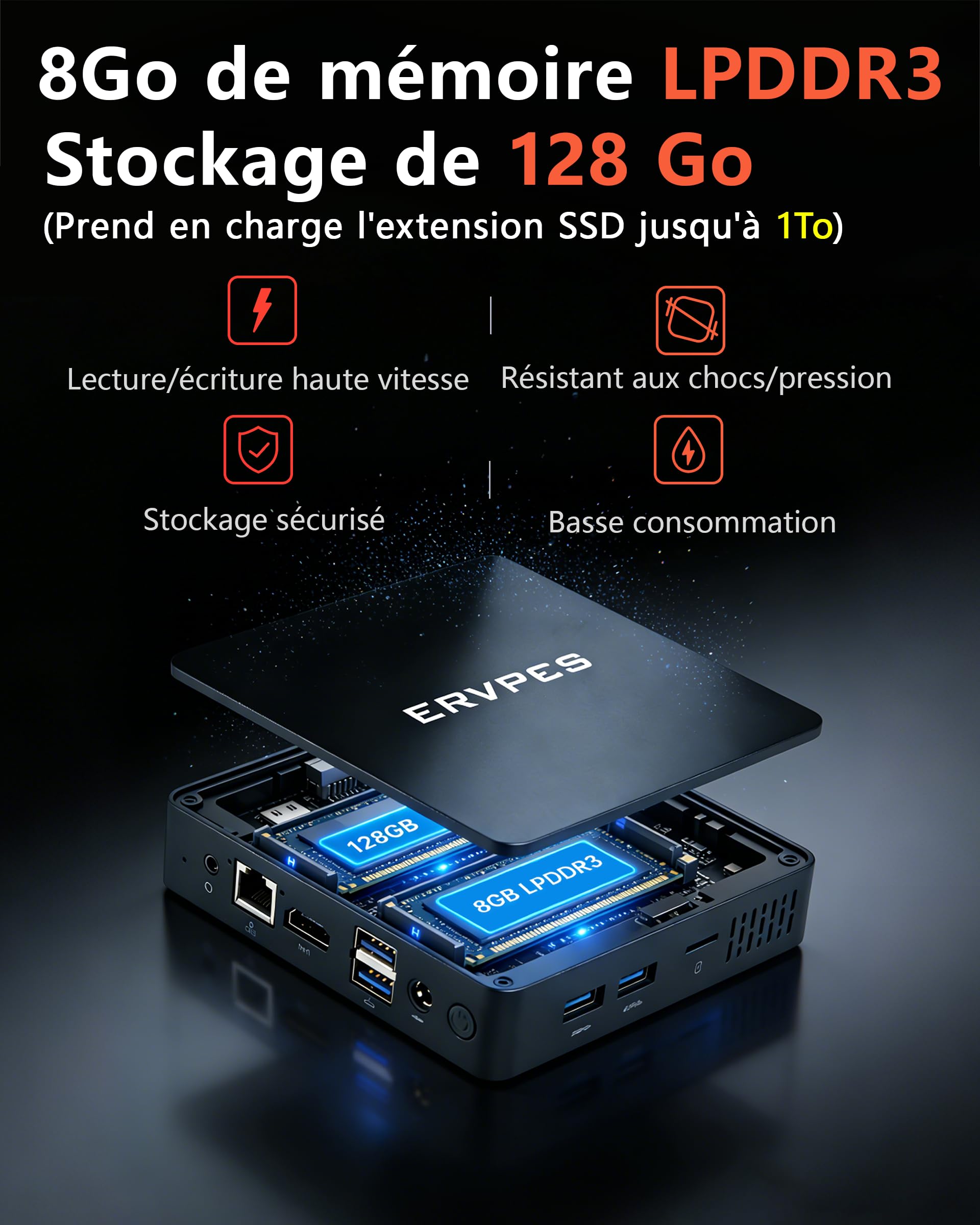 Mini PC Pentium 6500Y 8GB LPDDR3 128GB SSD Windows 11 Pro 4K Double Écran WiFi5 BT5.0 Gigabit Ethernet USB3.2 VESA Silencieux