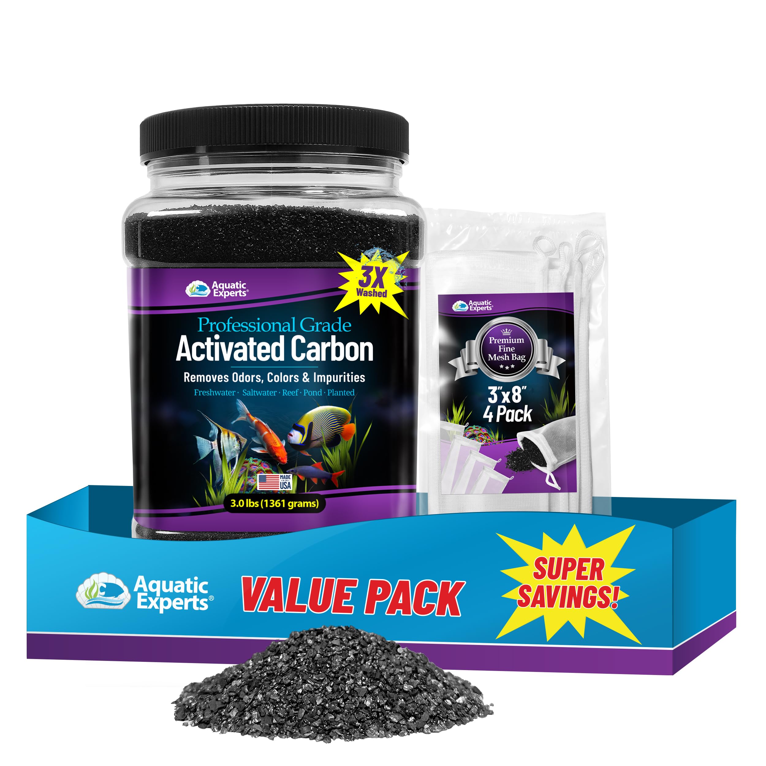 Aquatic Experts Premium Activated Carbon - Aquarium Filter Charcoal Media with Fine Mesh Bag - Remove Odors and Discoloration with Bituminous Coal (Activated Carbon Bundle)