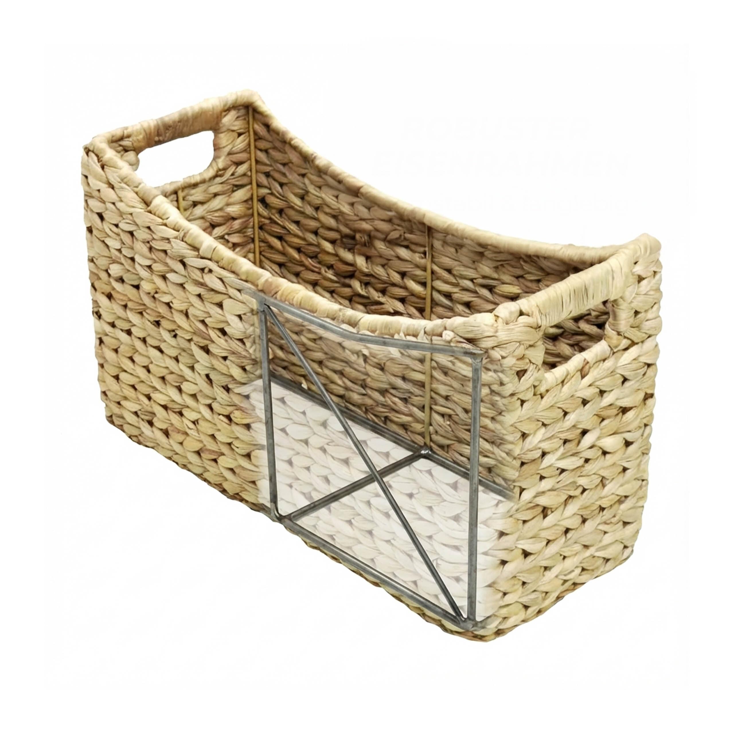 Relaxdays Revistero de Fibras de Jacinto de Agua, Marco de Hierro, Cesta Trenzada con Asas, 25×43×17 cm, Color Natural
