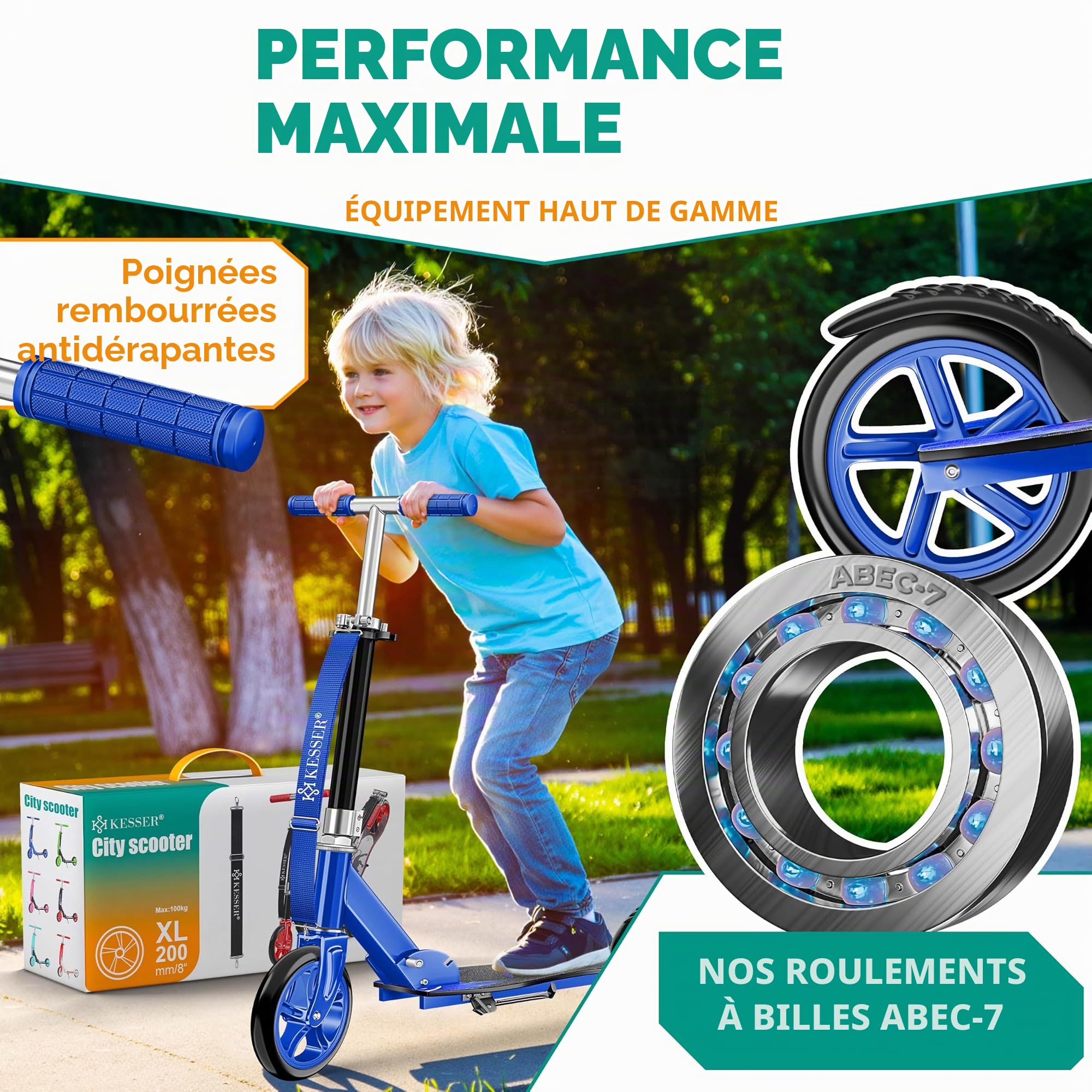 KESSER® Scooter pour Enfants de Ville Trottinette Pliable réglable en Hauteur, Kickscooter jusqu'à 100kg, Frein de Roue Arrière, Jusqu'à 190cm de Hauteur, Sangle de Transport Incluse