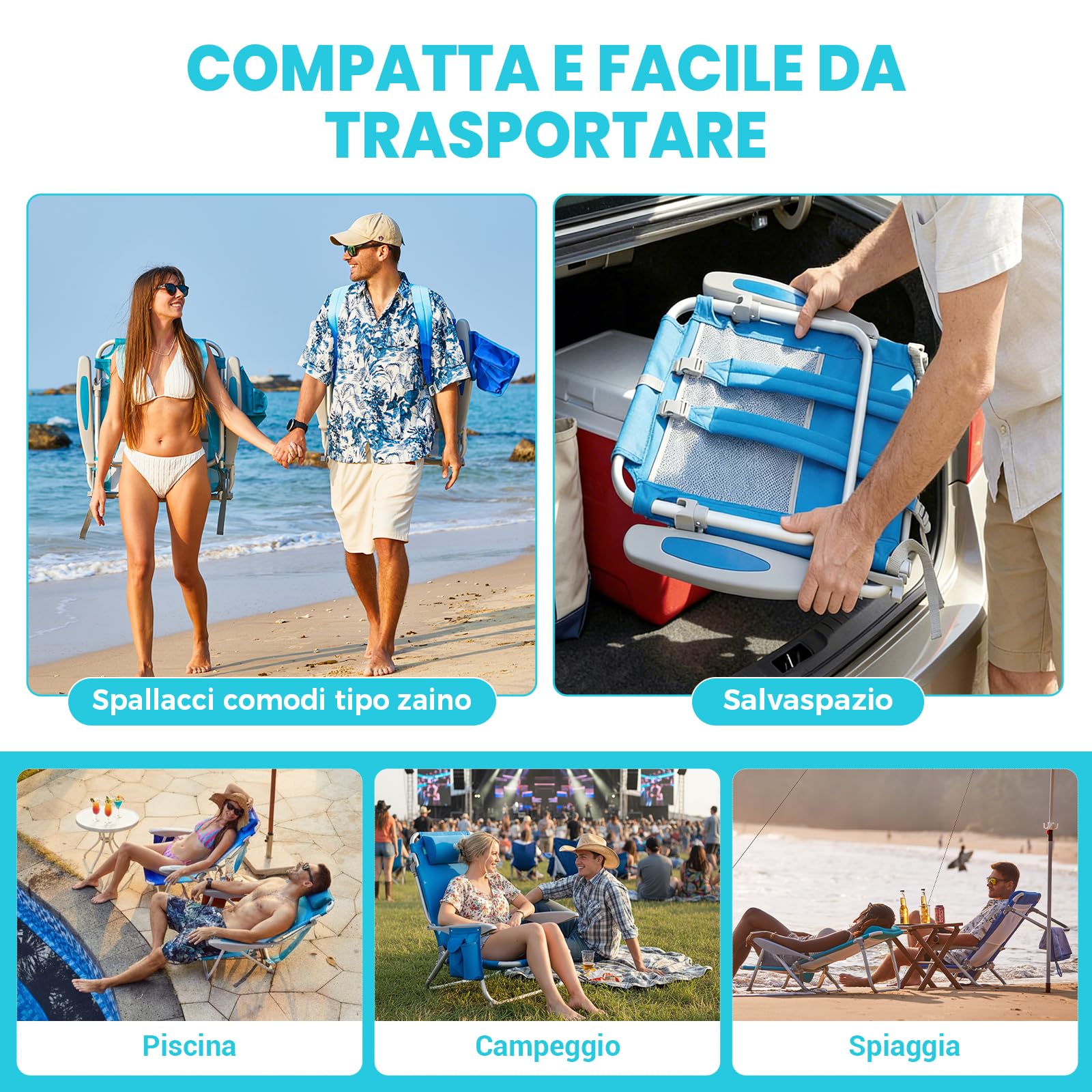 #WEJOY Sedia da Spiaggia Campeggio Pieghevole, Spiaggina Portatile con Tracolla, 4 Livelli Schienale Reclinabile Regolabile Sdraio con Basso Seduta, in Alluminio per Spiaggia Mare Campeggio