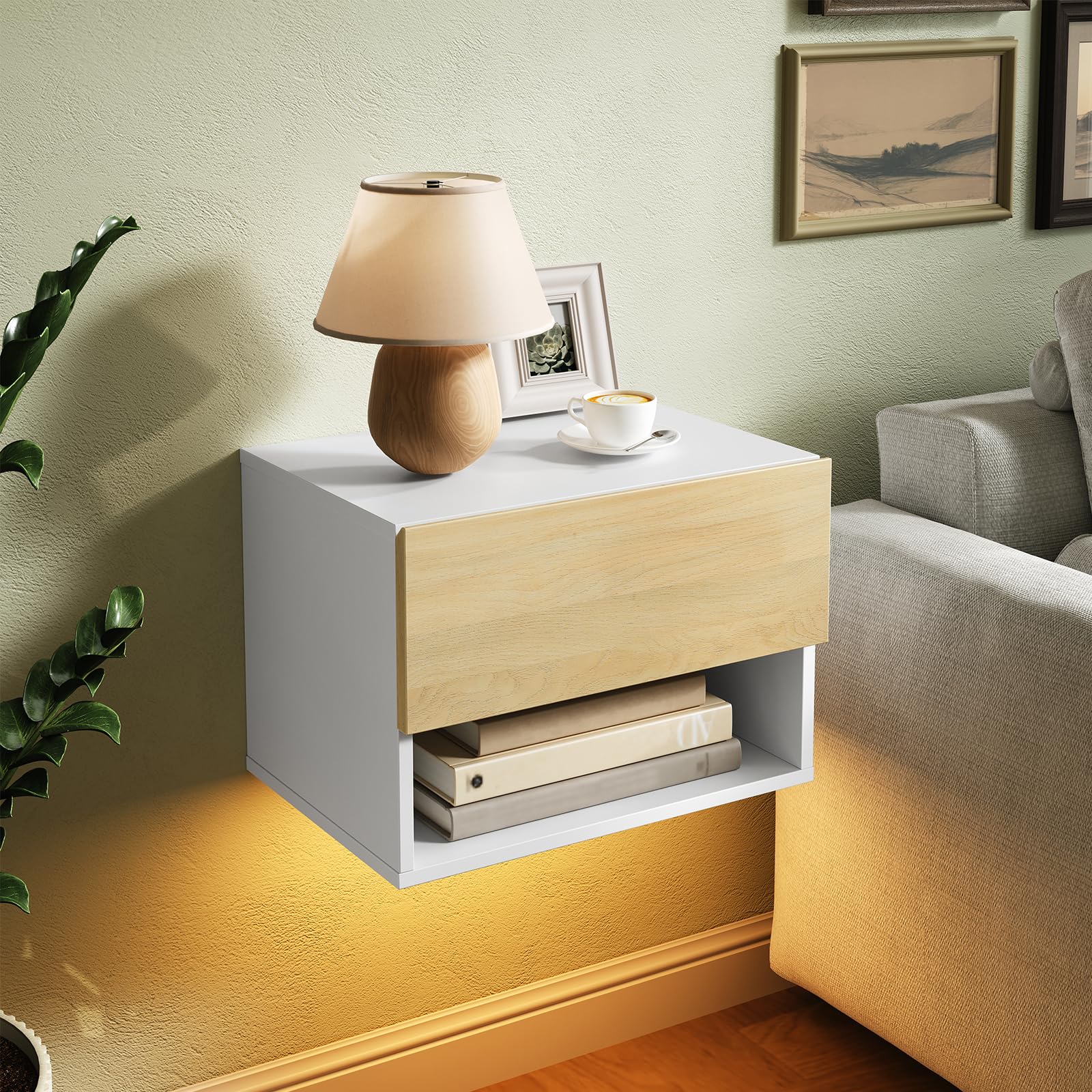 HOOBRO Mesita de Noche Flotante con Tira LED RGB, Mesa Auxiliar de Pared con 1 Cajón y 1 Compartimento, Mesa de Sofá, para Dormitorio, Sala de Estar, Blanco y Natural EWN202DBZ01
