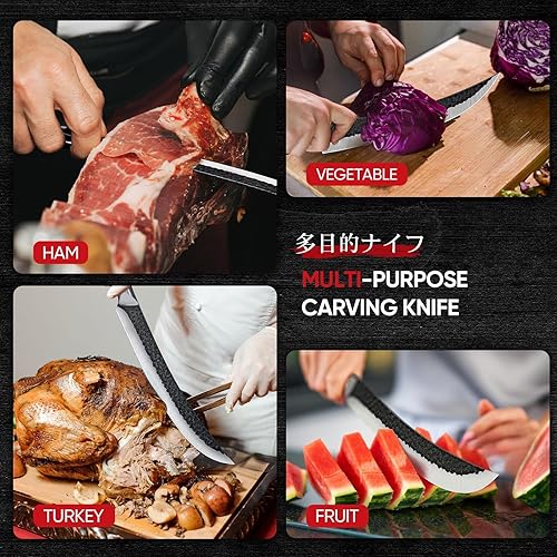 Miniatura 5 de Huusk Cuchillo de carnicero para cortar carne, cuchillo de pechuga de 10 pulgadas, cuchillos multifunción con mango de madera, cuchillos japoneses