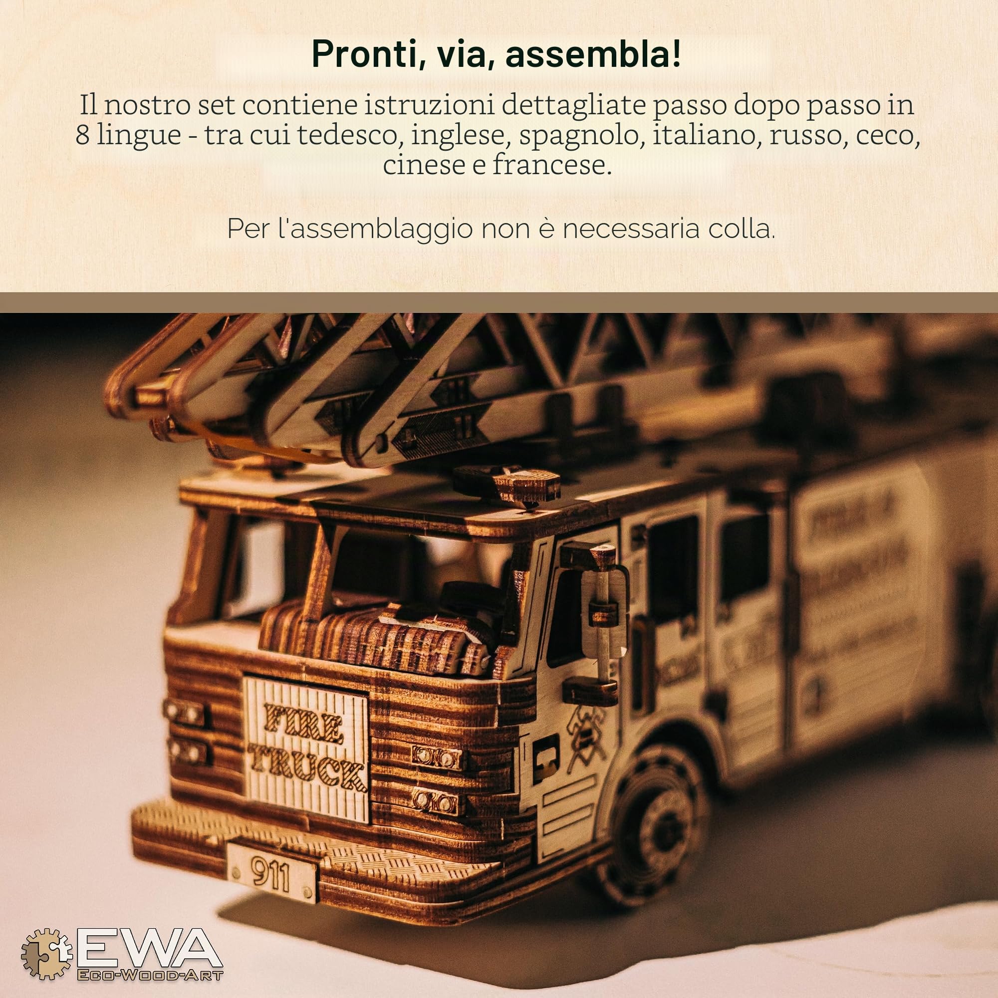 EWA Eco-Wood-Art - CAMION DEI POMPIERI - Puzzle meccanico 3D in legno - Puzzle per adulti e adolescenti - Montaggio senza colla - 439 pezzi