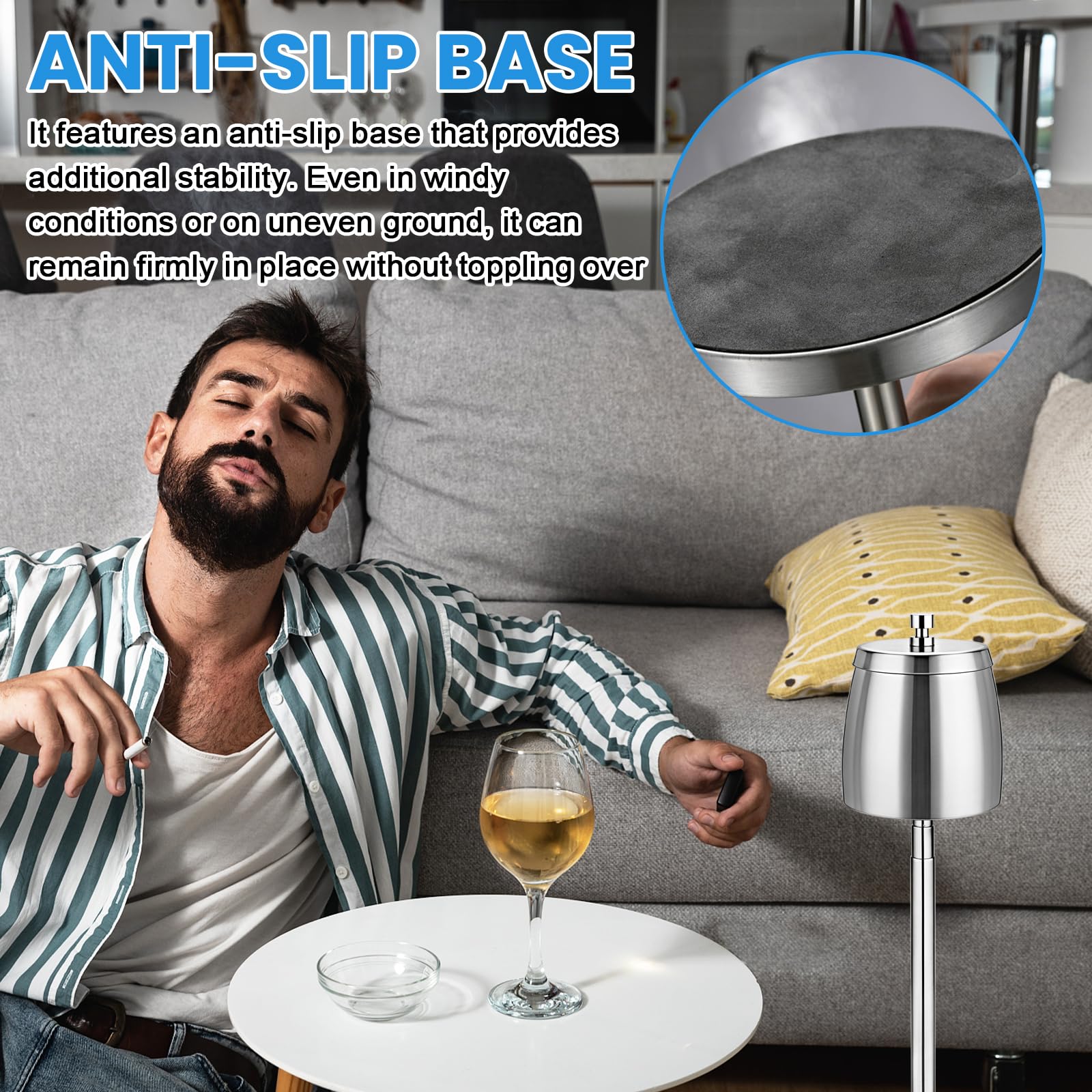 Cendrier sur pied réglable en acier inoxydable - Hauteur extensible de 22 à 56 cm - Cendrier d'extérieur sur pied pour l'extérieur - Cendrier avec couvercle - Pour l'extérieur et l'intérieur - Pour