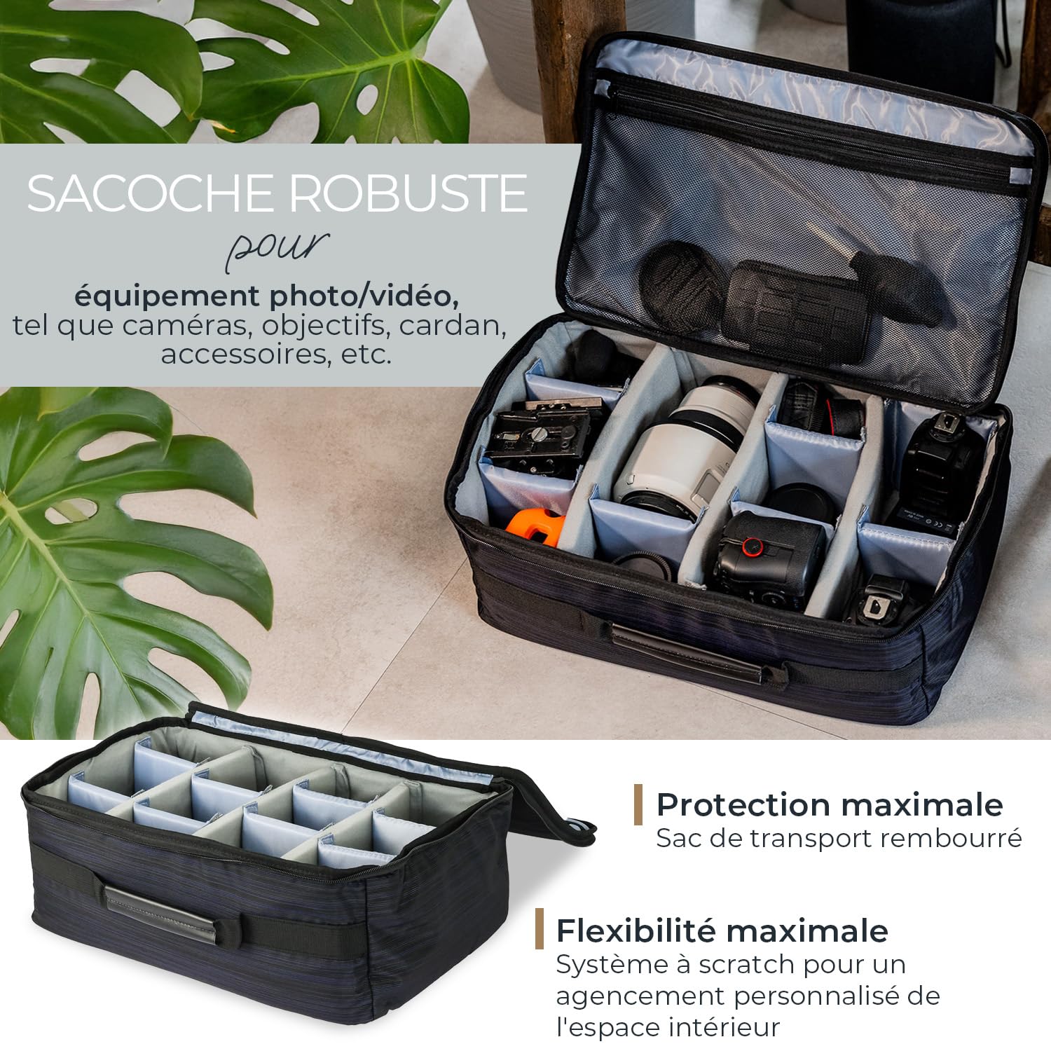 HMF Grande Sacoche Appareil Photo, Sac Photo rembourré à Compartiments modulables pour DSLR/Appareil Photo Reflex et Accessoires Photo | 44 x 28 x 18 cm | Noir