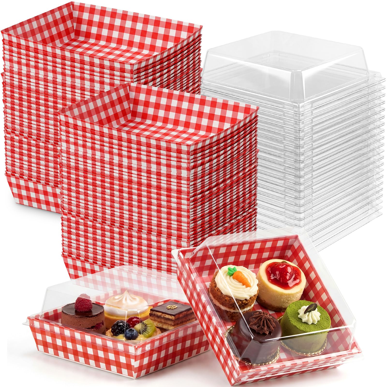 Potchen 50 Pack Summer Charcuterie Boxes with Clear Lids – Red & White Plaid Design Boxes with Window for Cookies, Candy, and Mini Cakes – Ideal for Gift Giving & Bakery Packaging — image 1