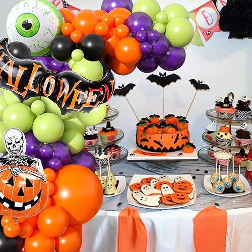 Miniatura 65 de Kit de arco de guirnalda de globos de Halloween, globos rosa macarrón morado con esqueleto de guardia de calabaza, globo de papel de aluminio, globo