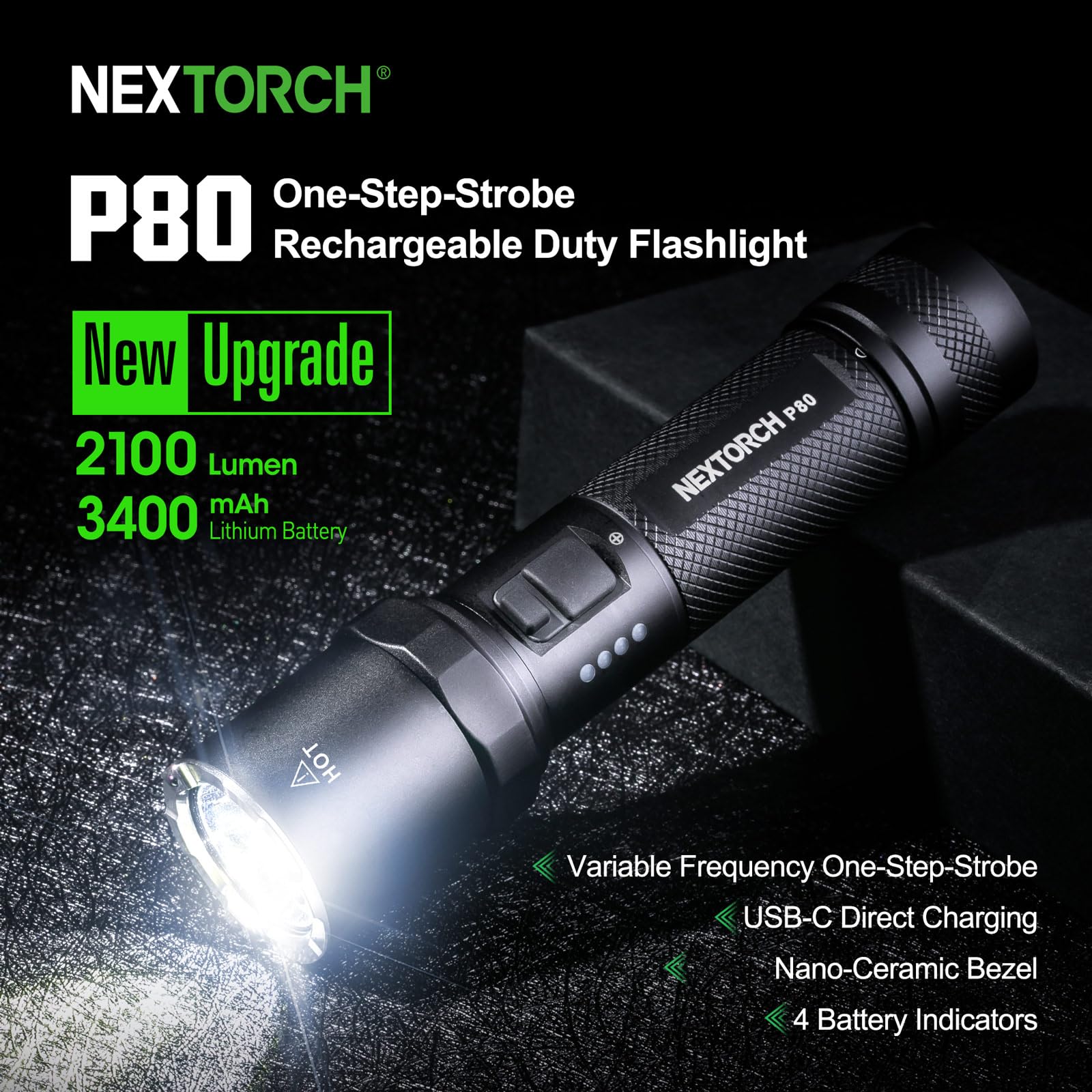 Nextorch P80B Linterna recargable de alto lúmenes, potente linterna táctica LED de 2100 lúmenes con 5 modos y estroboscópica para trabajo nocturno, aventura al aire libre, autoprotección, uso diario