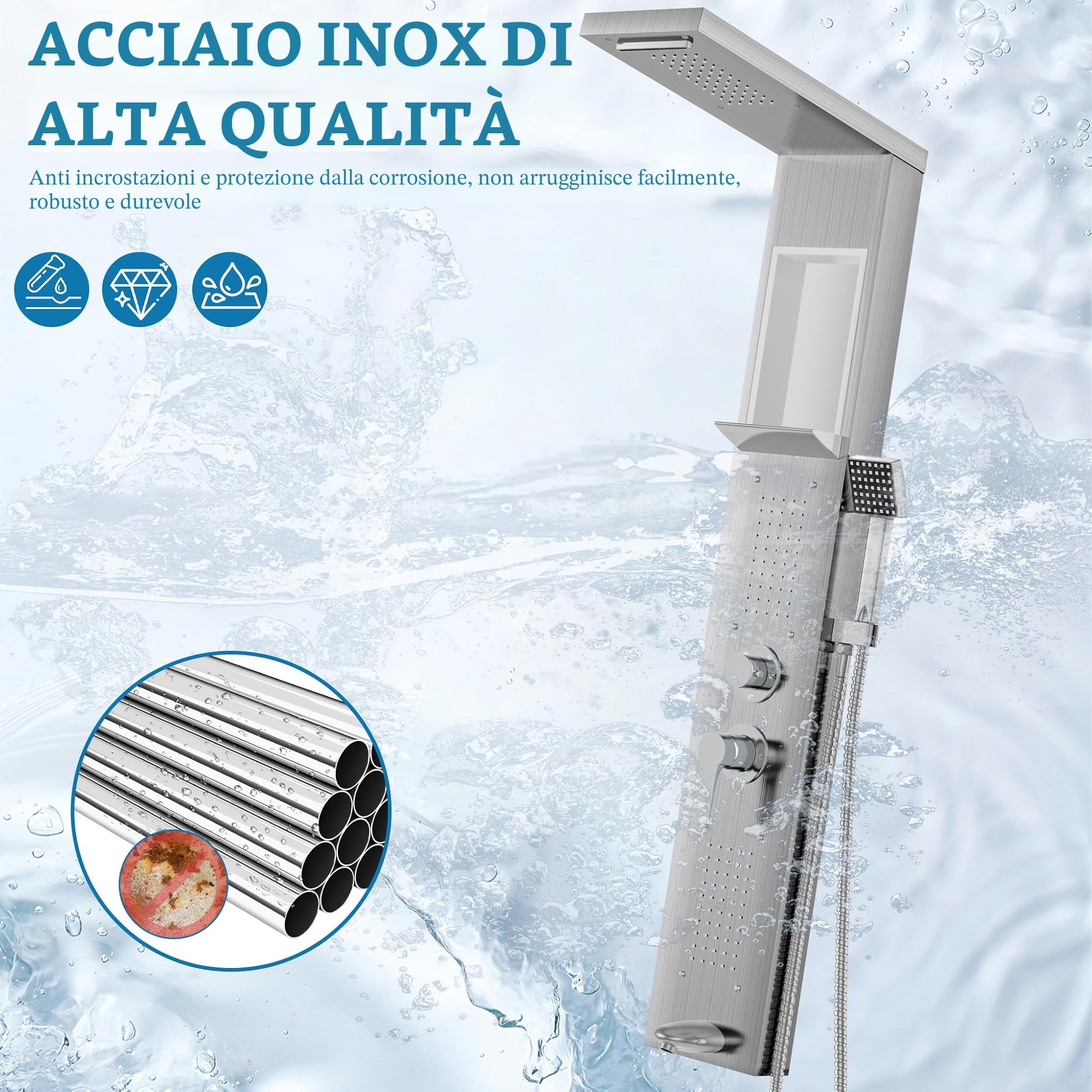 FIVMEN Pannello doccia con colonna doccia in acciaio inox, 5 funzioni, doccia a pioggia a cascata, getti massaggianti, doccetta per vasca e doccia, set completo, colore: argento