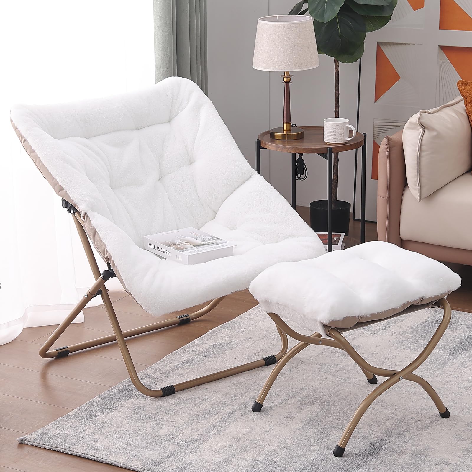Tiita Saucer Chair with Ottoman, Soft Faux Fur Oversized Folding Accent Chair,Lounge Lazy Chair, Metal Frame Moon Chair for Bedroom, Living Room, Dorm Rooms, Garden and Courtyard