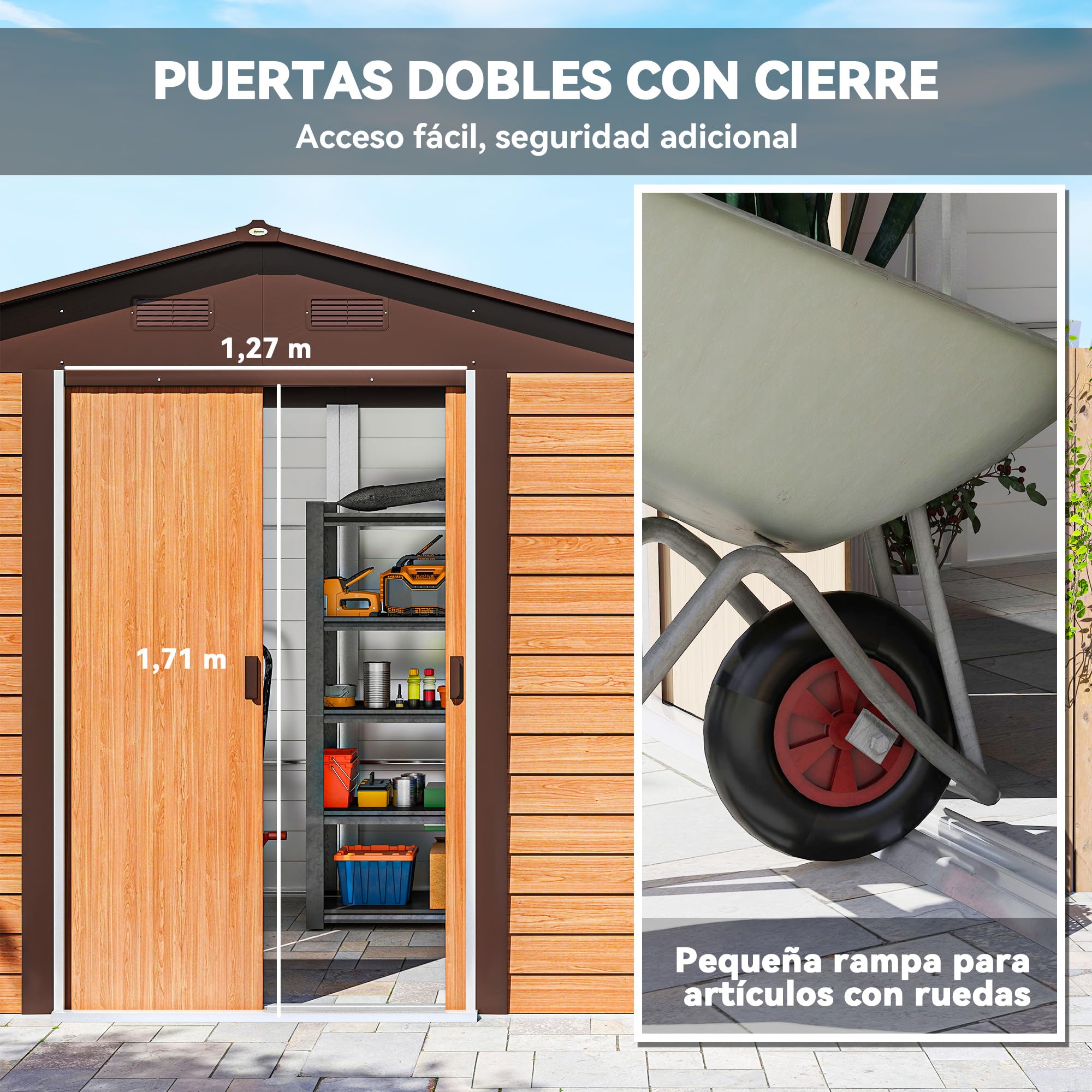 Outsunny Caseta de Jardín Exterior 4,84 m² 278x195x215 cm, Cobertizo de Jardín Exterior Metálica con 4 Ventanas y 2 Puertas Correderas, para Almacenaje de Herramientas, Madera Natural y Café