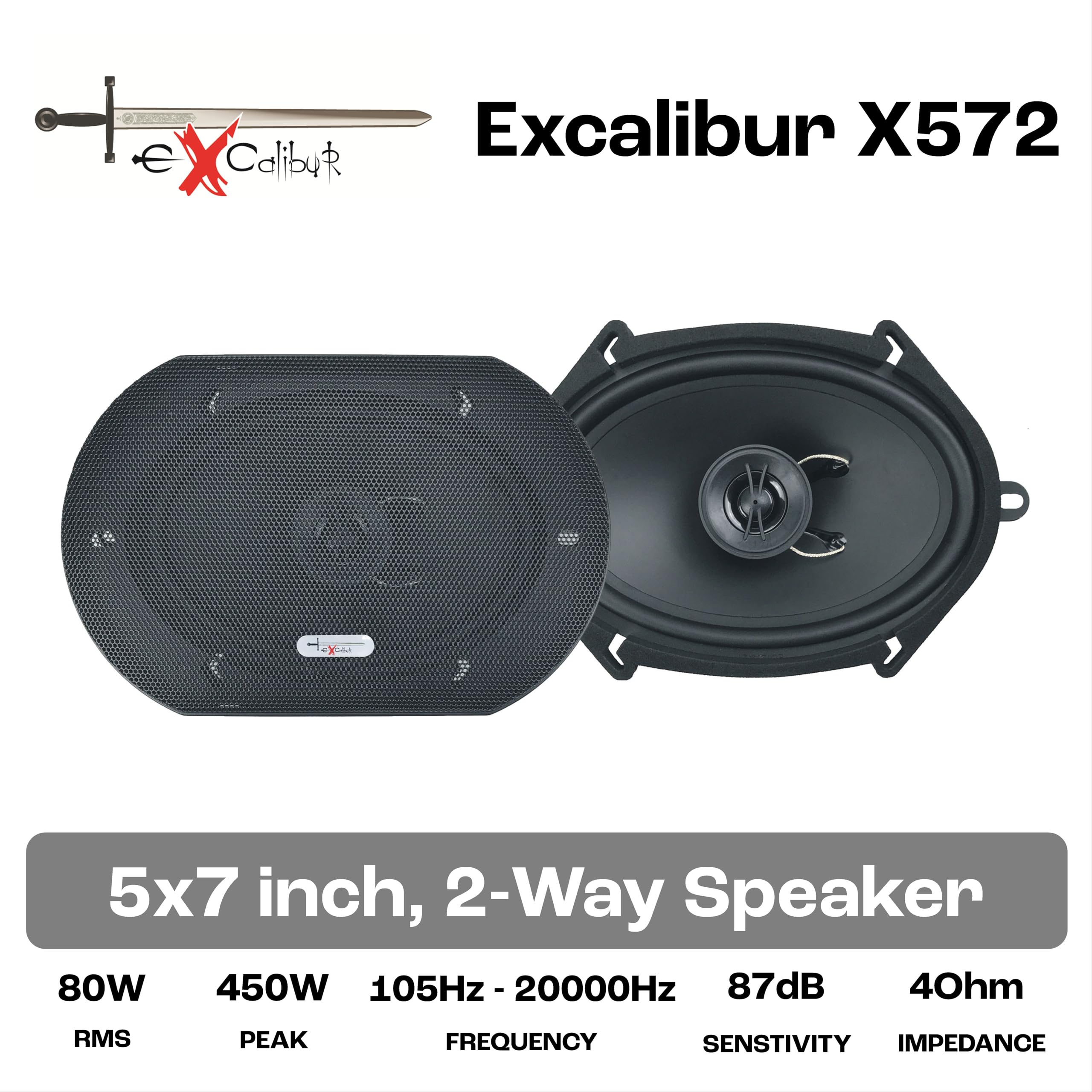 Excalibur X572 Coppia Altoparlanti Auto 2 Vie Coassiali 5x7 Pollici 450W Picco 80W RMS Frequenza 105Hz-20kHz Sensibilità 87dB Impedenza 4Ohm Kit Casse Ovali per Upgrade Sistema Audio Custom Veicoli