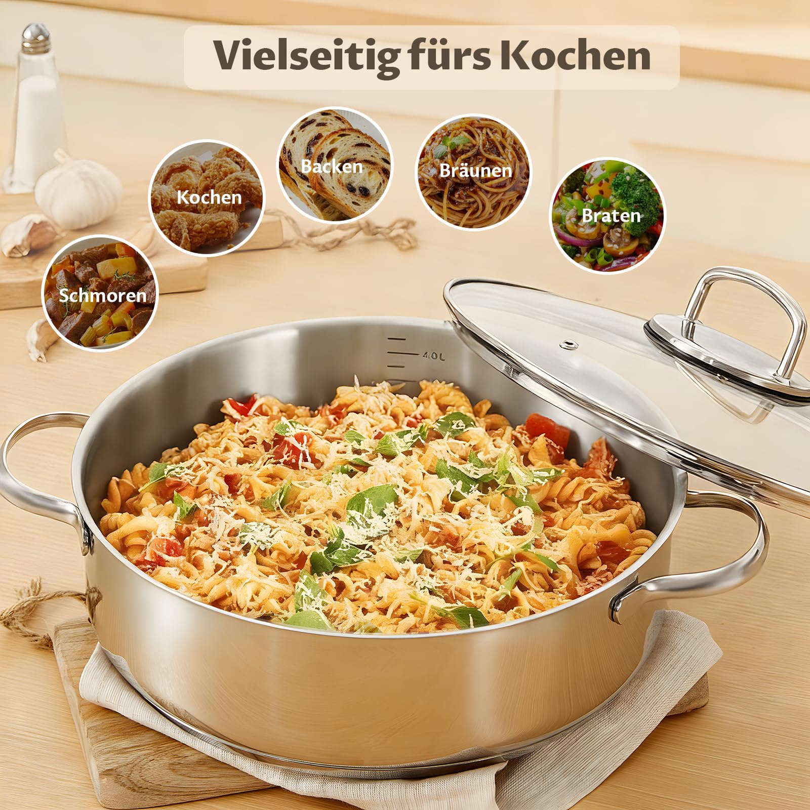 BEZIA Schmorpfanne 28 cm mit hohem Rand & Deckel, Induktions-Bräter 5,2 L | Edelstahl 18/10 Pfanne, unbeschichtet mit Mengenanzeige, Nietfrei & pflegeleicht, Schmortopf zum Schmoren & scharfen Anbraten