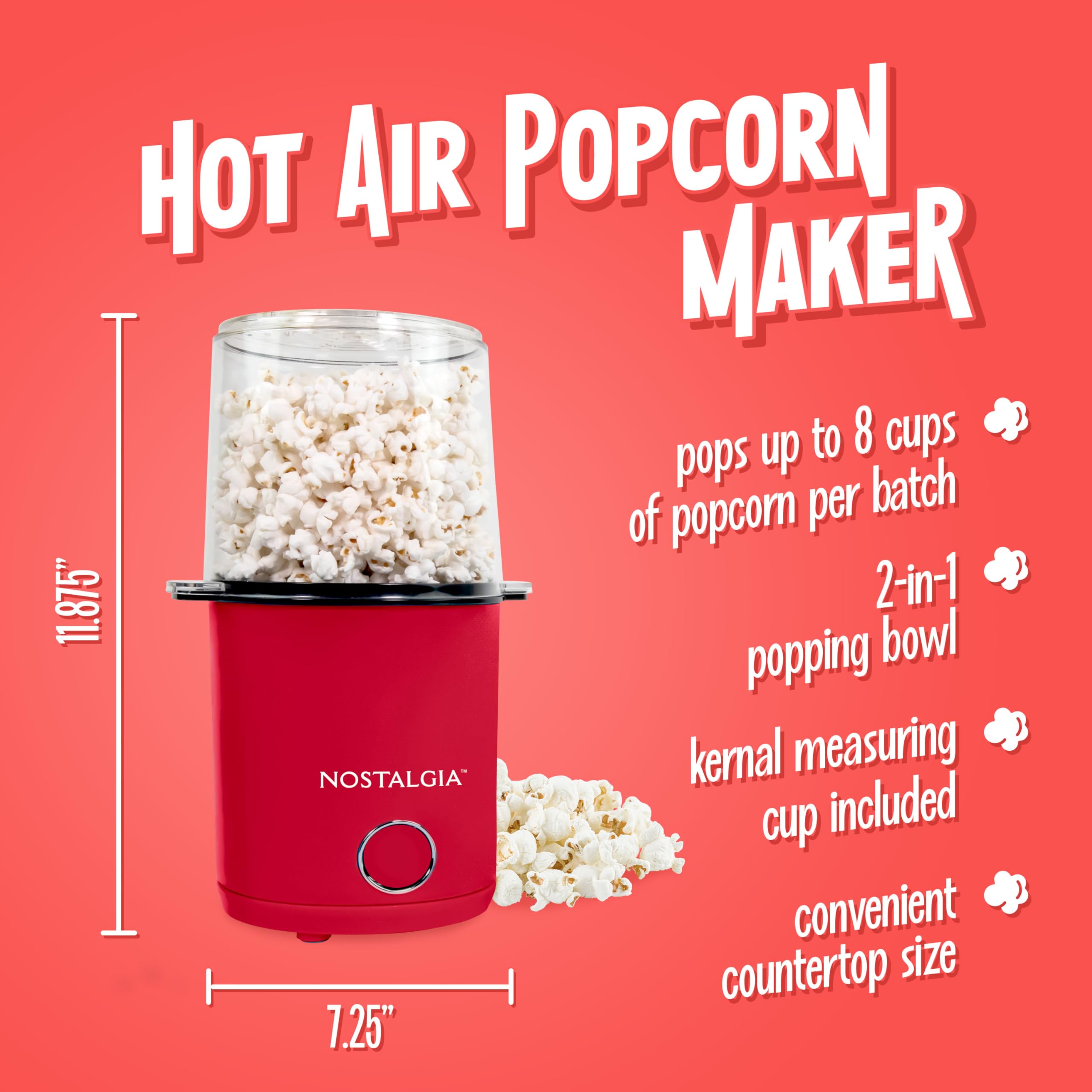 Nostalgia Máquina de palomitas de maíz de aire caliente con 8 tazas, tazón y tapa 2 en 1, taza dosificadora de 56 ml, pop maíz exento de aceite para noche de cine, aperitivos, fiestas de cumpleaños y