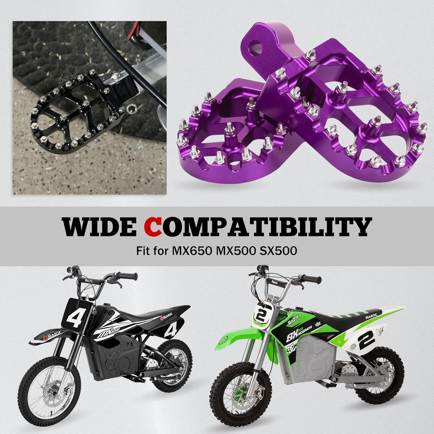 XINGWU Dirt Bike Foot Pegs for MX650 CNC Aluminum Pegs Heavy-Duty Foot Rest Pedals Compatible with Razor MX650 MX500 SX500 Electric Dirt Bikes Footpegs (Purple)