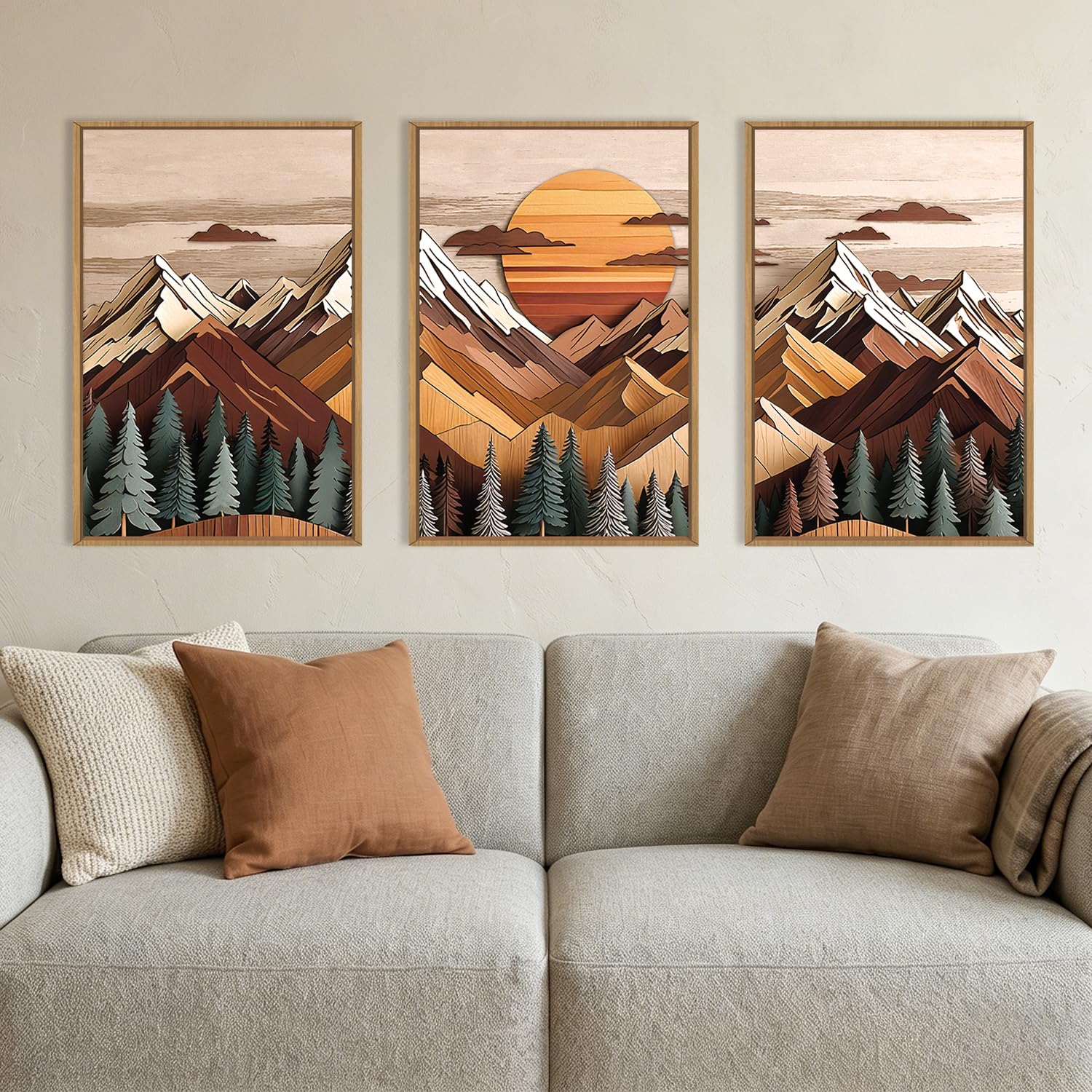 KAIRNE Woodcut Mountain Landscape Framed Canvas Wall Art Set-16"x24"x3 | Wooden Pine Tree Wall Decor,Vintage Forest Art Print,Rustic Boho Sunrise Artwork for Living Room,Bedroom,Farmhouse,Office