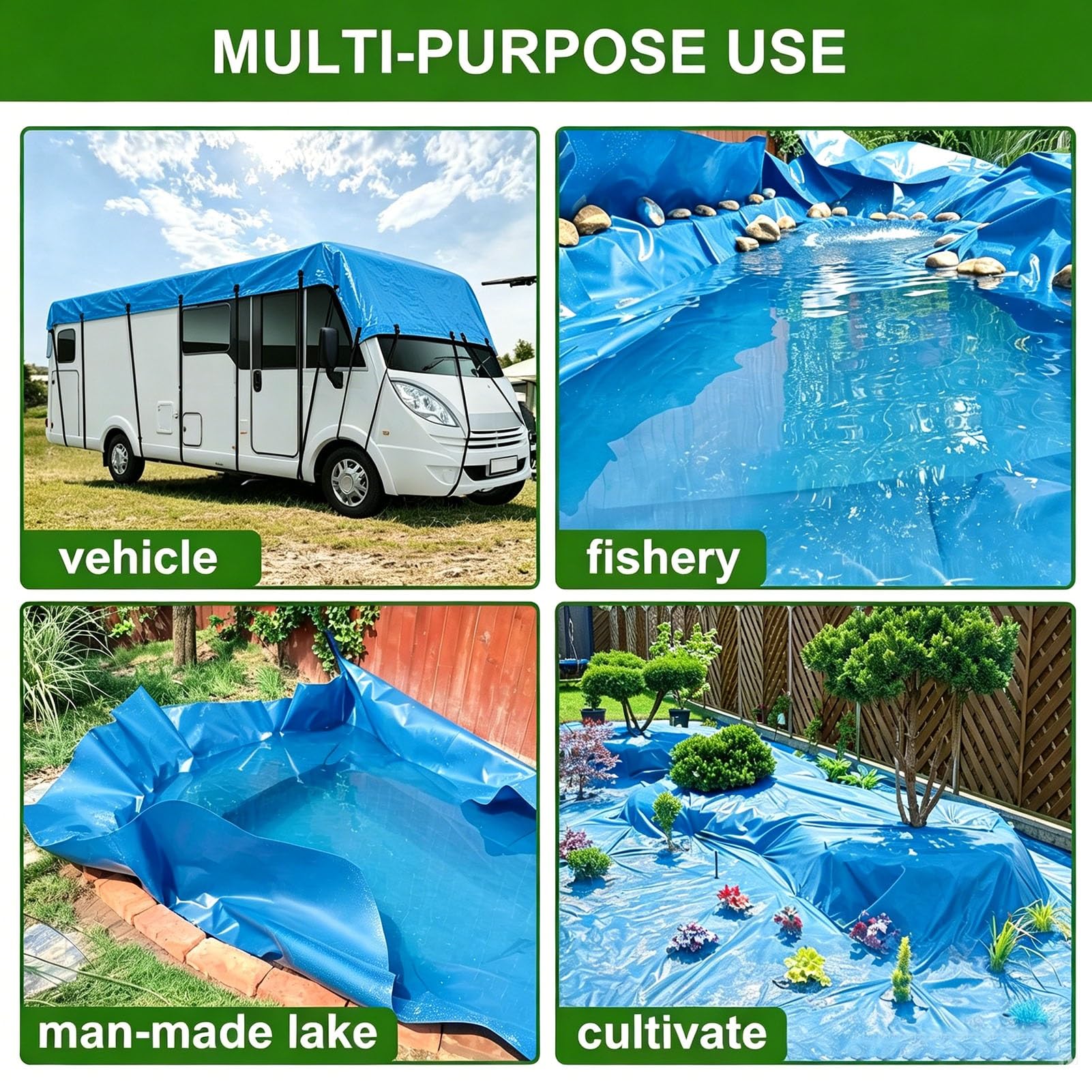 Teichfolie 2x2 3x4 6x6 8x10m HDPE-Teichfolie, Flexible Auskleidung, vorgeformte Garten-Pool-Membran, blau, für Gärten Fischteiche, Landschaftsbau, Gewächshausfolie(6x8m)