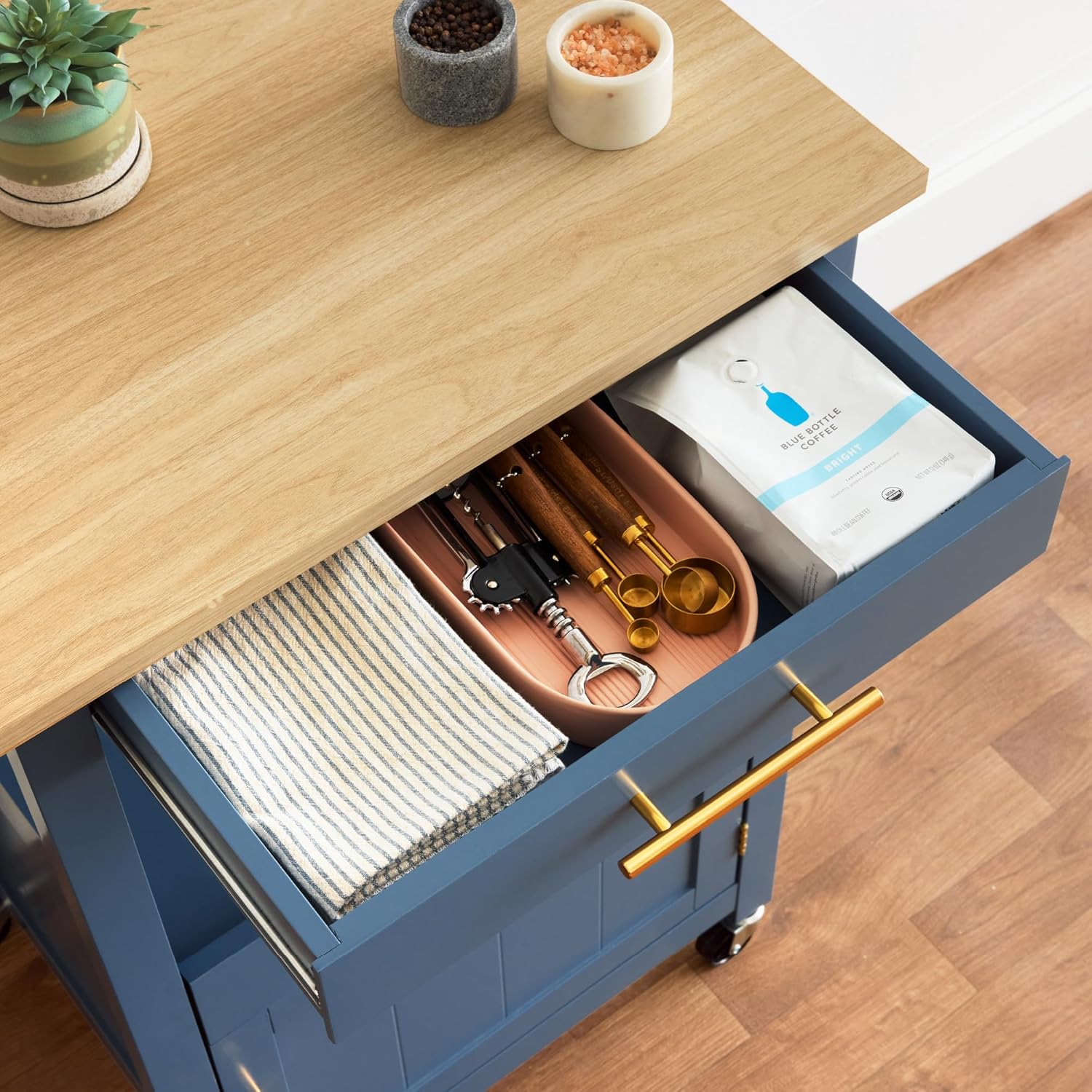 Slate Blue Engineered Wood Kitchen Cart with Storage and Wheels