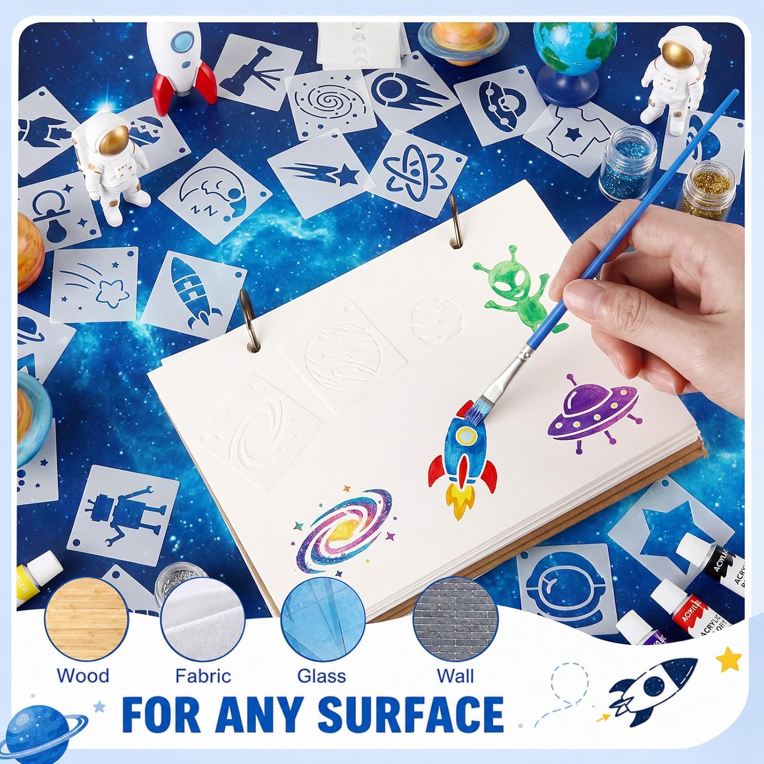 Fainne 100 Pcs 1.5 Inch Space Theme Small Stencils for Crafts | Reusable Painting Stencils for Wood Wall Card Making Scrapbooking Journaling, Portable Craft Templates