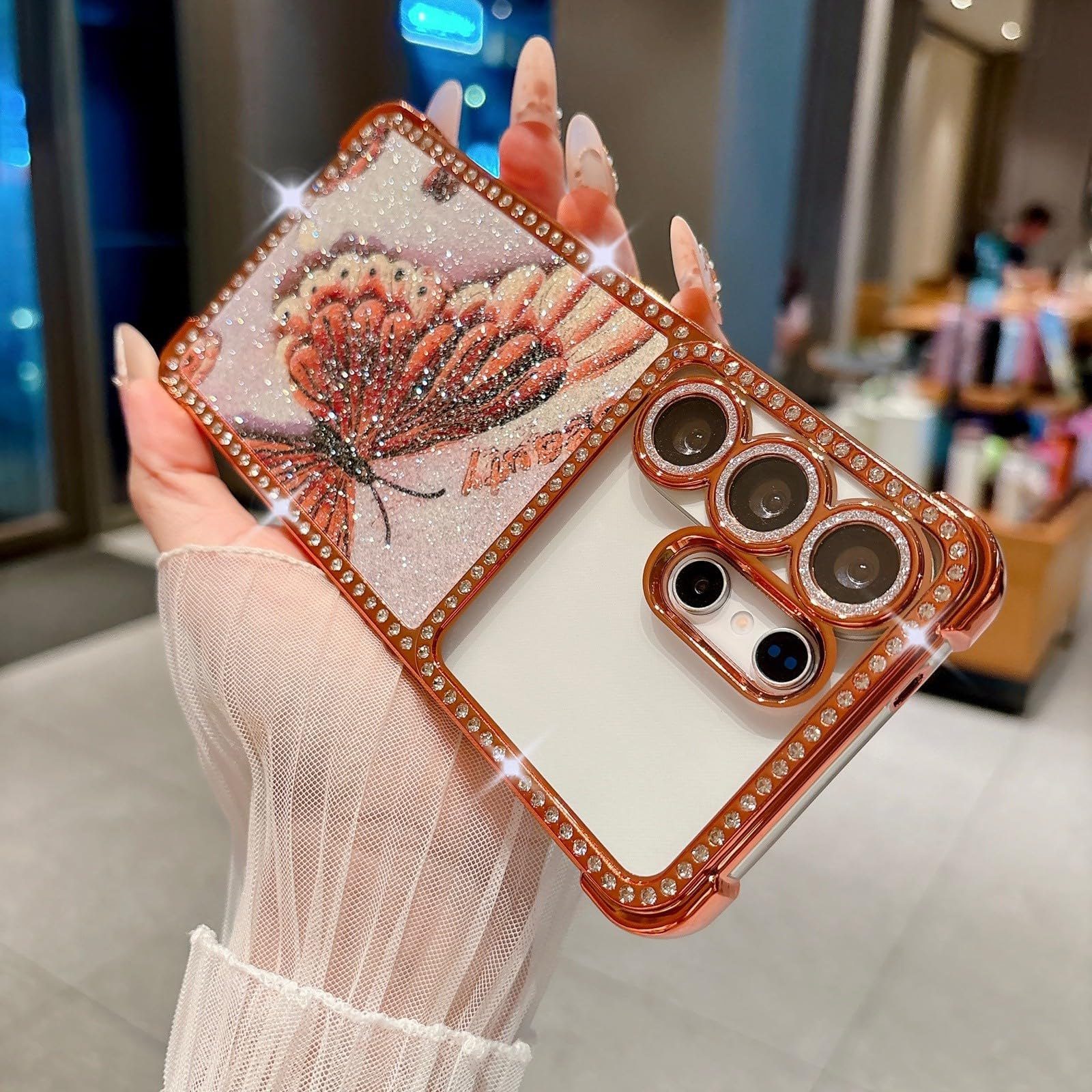 Generic Funda compatible con Samsung Galaxy S26 Ultra (patrón: mariposa naranja) funda con purpurina rígida de silicona brillante para lente de cámara