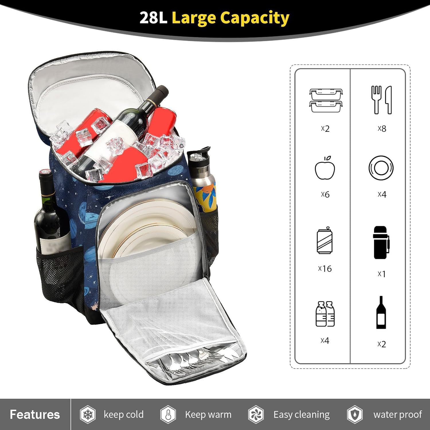 Stars and Planets Cooler Backpack 36 Cans Leakproof Waterproof Backpack Cooler Bag Beach Accessories Travel Camping Fishing Backpack for Women Men