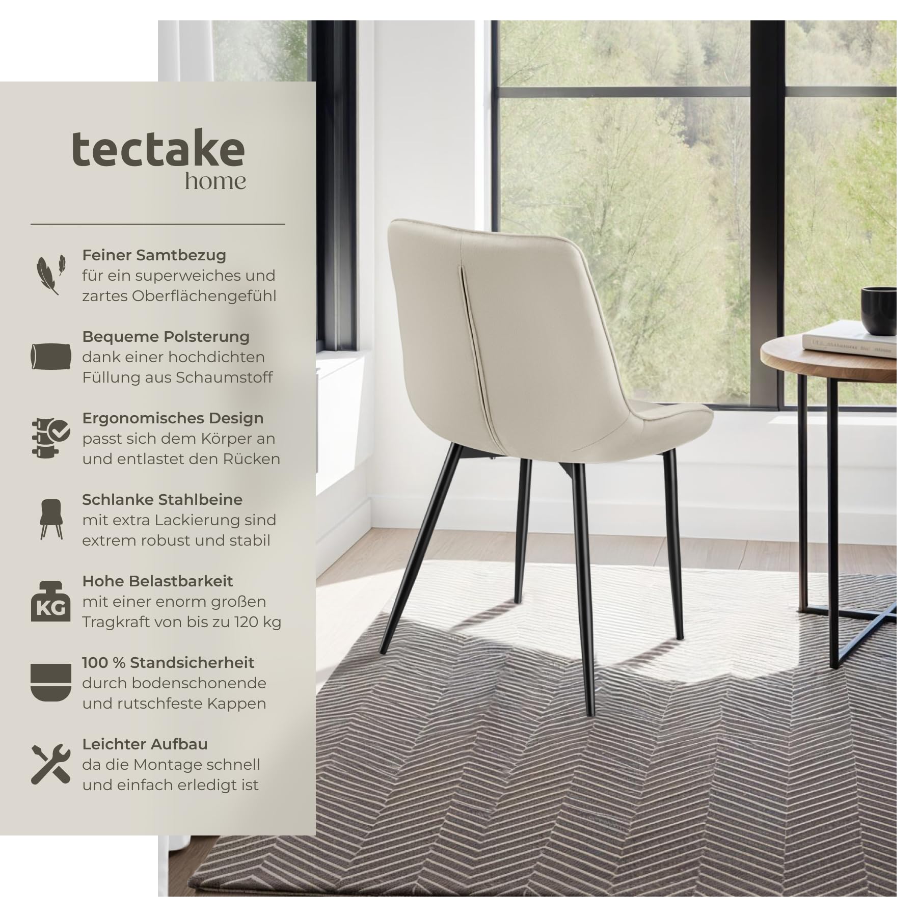 tectake® Esszimmerstühle 4er Set, Samtstoff Stuhl mit Rückenlehne, ergonomische Essstühle, bequemer Küchenstuhl, Esszimmerstuhl, Cocktailsessel für Lounge, Dining, Küchentisch - Creme