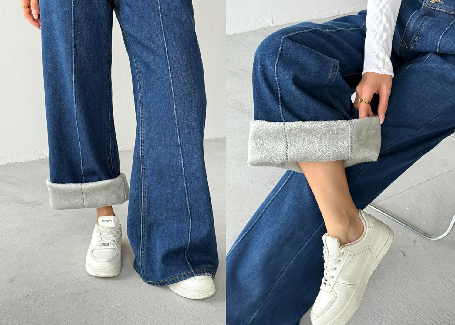 heipeiwa Women's Fleece Lined Jeans Wide Leg Baggy Winter Thermal Flannel Loose Trendy Jean Denim Pants