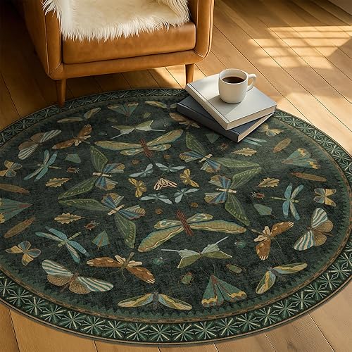 Black Insect 5ft Round Washable Living Room Rugs - Boho Non Slip Area Rug for Large Entrance, Low Pile & Soft Carpet for Bedroom Beside Bed, Forest Butterfly Design Stain Resistant Home Décor