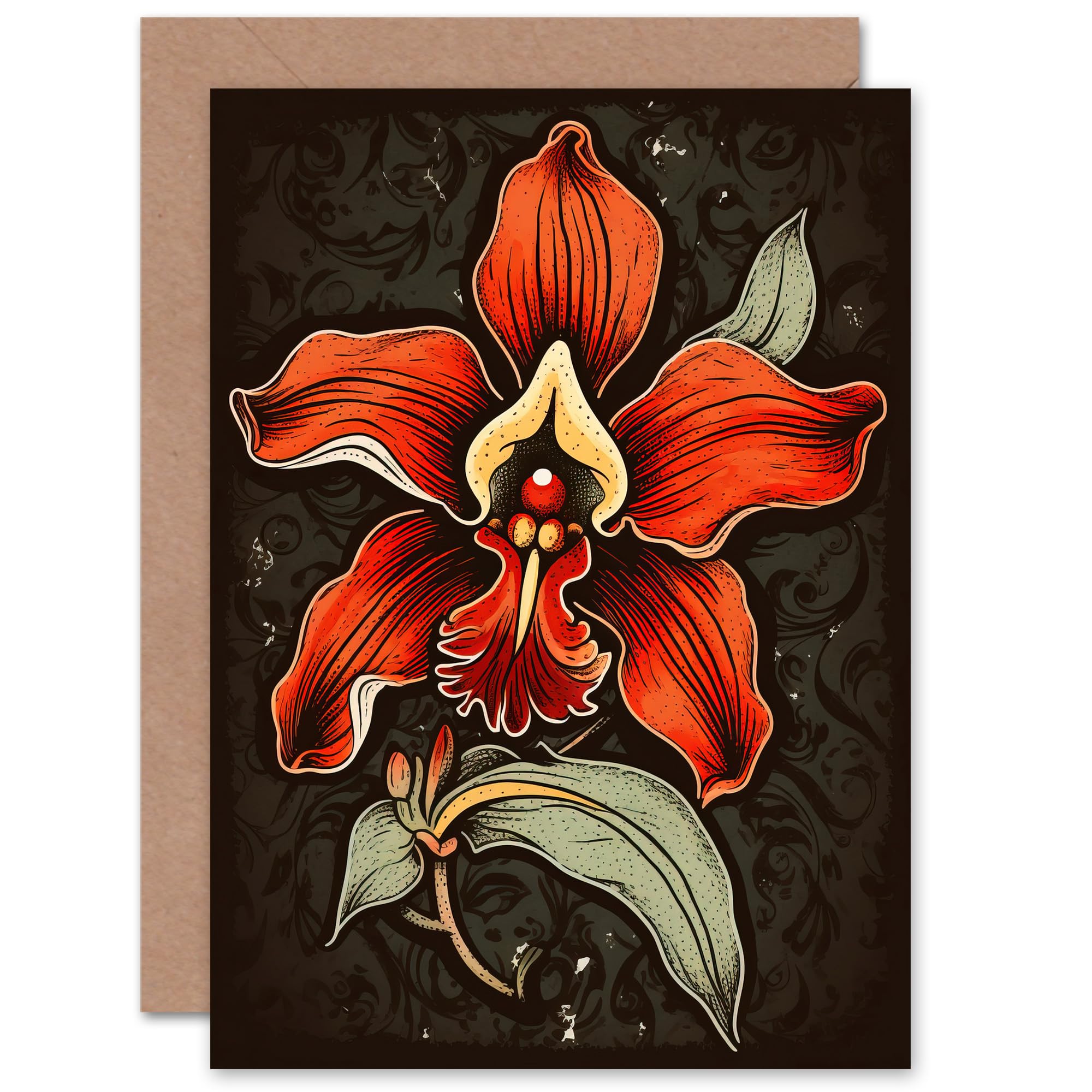 Artery8 Red Orchid Rockabilly for Wife Her Mum Sister Daughter Mom Gran Nan Birthday Thank You Mothers Day Blank Art Greeting Card
