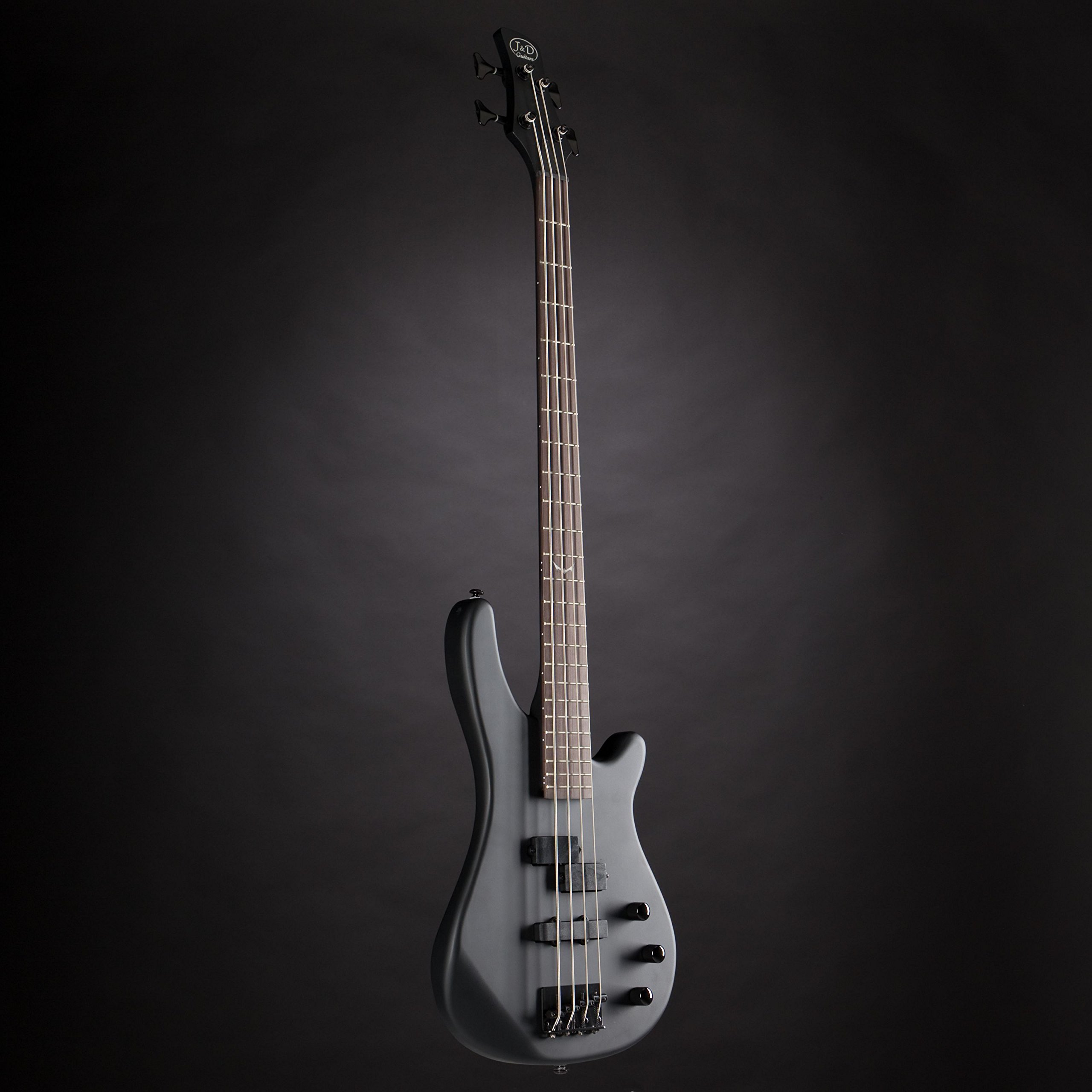J & D E-Bass, Bass Gitarre mit 4 Saiten und Erle Korpus, Bass mit Split-Coil Tonabnehmer und Single Coil, passive Elektronik, Special Bat Mark