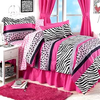 Teen Girls 6pc Jungle Queen Pink & Black Safari Zebra Leopard Comforter Sham(s) Bedskirt & Sheet Set - NOT Included: Pillows & Drapes (Twin Size)