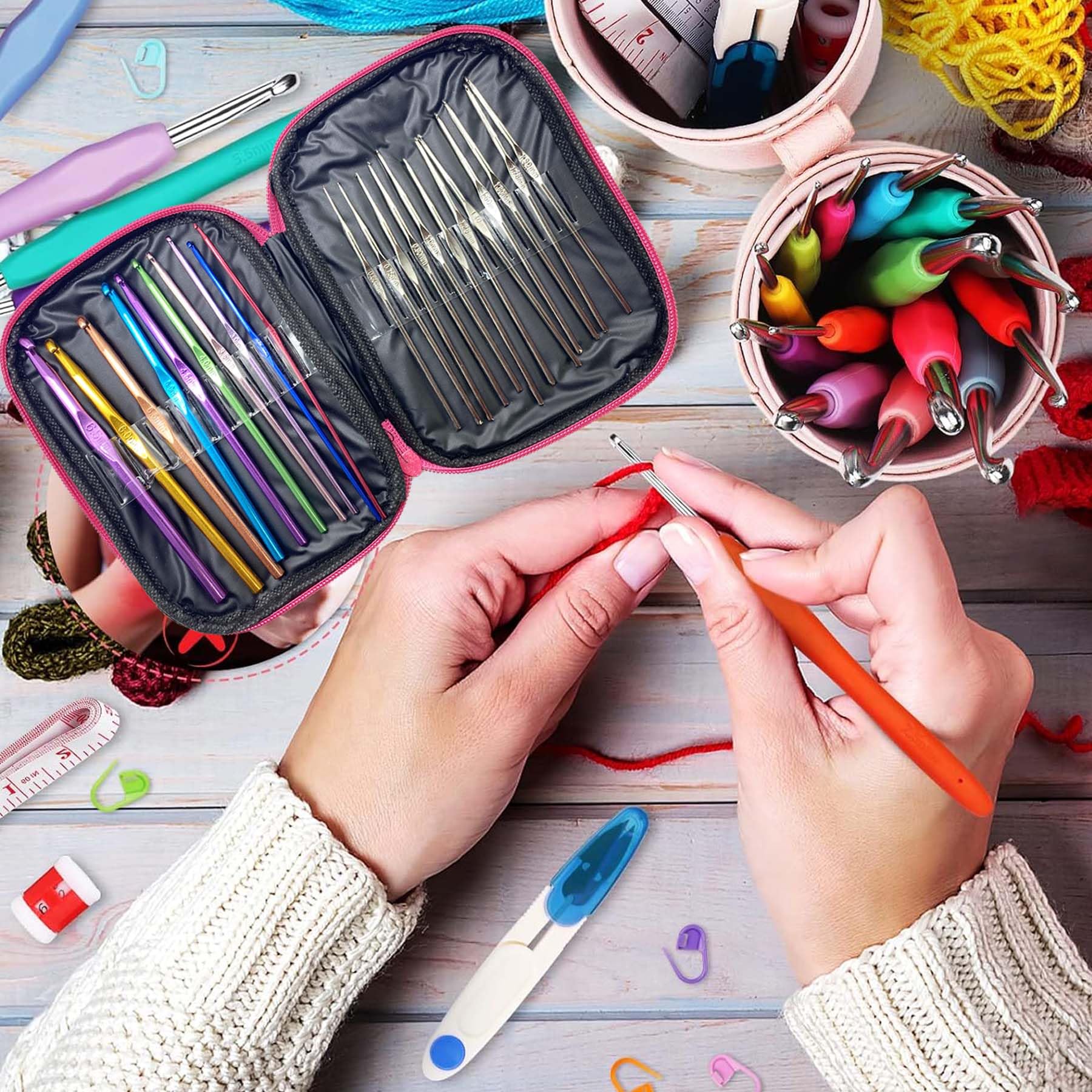 Allazone Kit all'uncinetto per principianti e adulti, kit all'uncinetto per bambini e adulti, 131 pezzi, kit professionale per lavorare a maglia all'uncinetto, kit per lavoro a maglia con aghi e