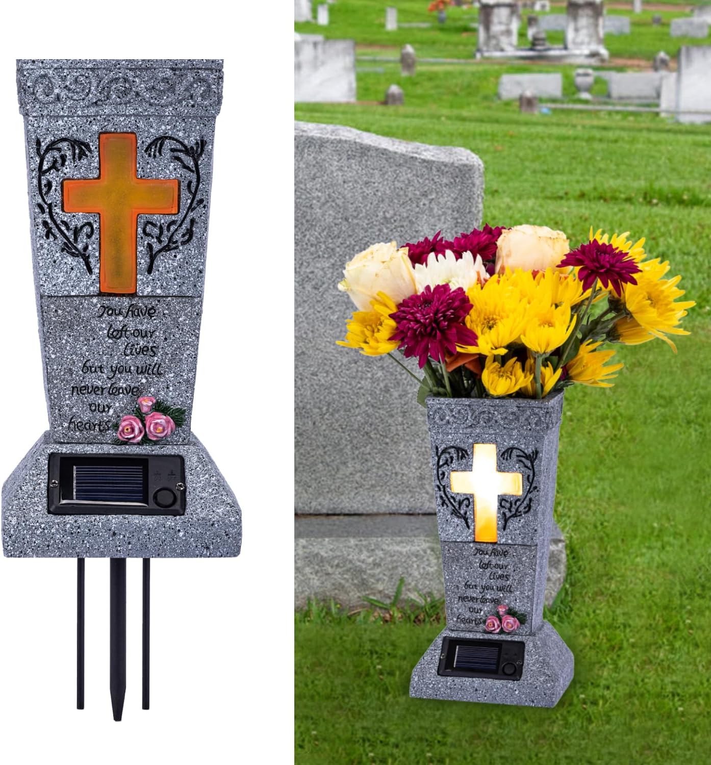 HUYIENO Solar Cemetery Grave Vase with LED for Fresh/Artificial Flowers HUYIENO Solar Cemetery Grave Vase with LED for Fresh/Artificial Flowers