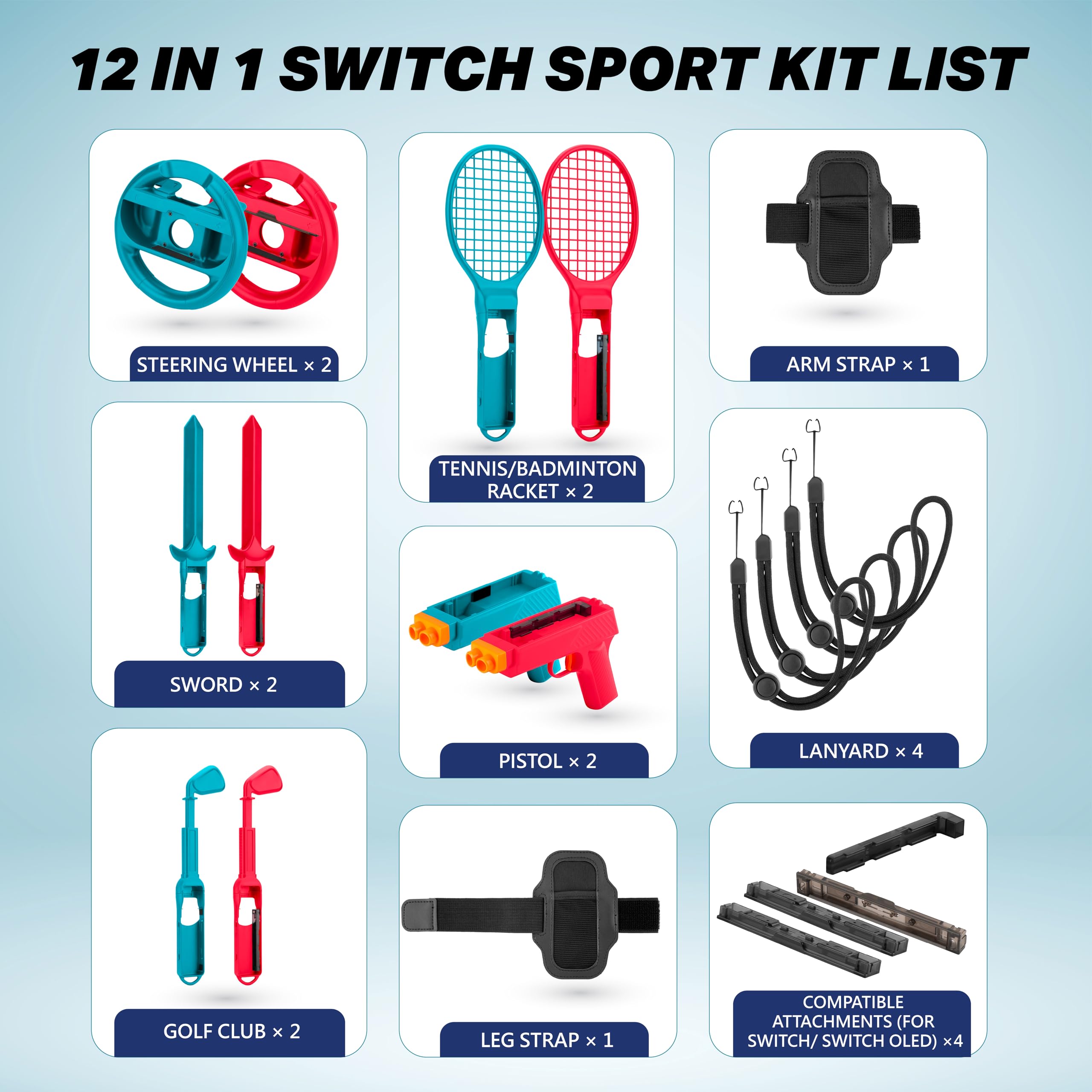 NiTHO Set Accessori Sport per Controller Compatibile con Switch 2, Bundle Giochi Sport con Volanti, Racchette, Spade e Pistole, Compatibile con Switch / OLED